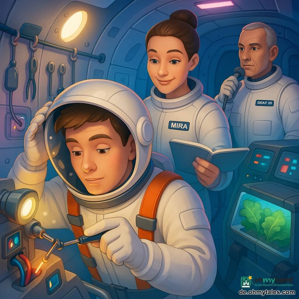 Ein Astronautenmann, junger Erwachsener mit weichen Zügen, kurzen braunen Haaren, konzentriert aber leicht erleichtert, Helm teilweise hochgestellt, hält einen kleinen Schraubendreher und zieht an einer Sensorschraube; seine Sicherheitsweste mit Gurten ist sichtbar und eine Hand greift an einen Metallgriff. Eine Frau (Mira), etwa 30 Jahre, helle Haut, Haare zu einem Dutt gebunden, beruhigendes Lächeln, schwebt hinter ihm, liest Werte auf einem leuchtenden Tablet und zeigt mit dem Finger eine Seite des Handbuchs. Ein Mann (Okafor), reiferen Alters, dunkle Haut, ruhiger Blick, steht an einem Bedienfeld und spricht ins Mikro, weist auf die Vorgehensweise hin; er trägt einen leicht abweichenden Anzug und ein Kommandantenabzeichen. Innenraum: Arbeitsraum einer Raumstation mit gebogenen Metallwänden, runden Luken, Reihen von Haken und Taschen mit an Schnüren befestigten Werkzeugen, kleinen rosa und weißen LED-Lichtern und einem Pflanzenmodul mit grünem Salat in transparenten Behältern im Hintergrund. Szene: Reparatur eines externen Sensors mit gerichteter Lichtquelle, bunten Drähten, Bildschirmen mit einfachen Grafiken, leicht gelockerter Sitzgurt in Neuanordnung; Teamarbeit, präzise Gesten, Atemblasen im Helm und Spiegelungen auf dem Metall. Grafikstil: klare gesättigte Farben, weiche Schatten, glatte metallische Texturen, kindlich-beruhigende Details, Komposition zentriert auf den Mann, der den Sensor repariert, die beiden Teammitglieder nahe dabei.