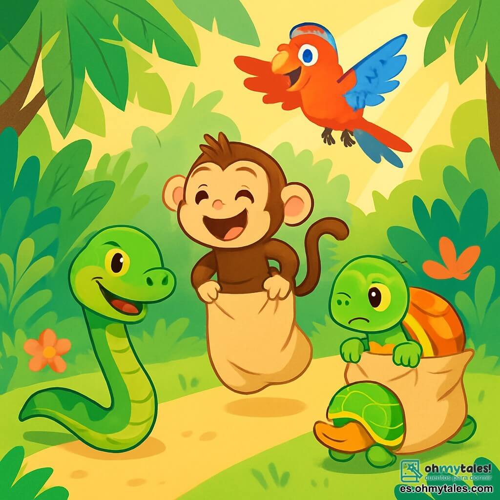 Un serpiente llamado Tito, con escamas verdes brillantes y ojos chispeantes de malicia, se desliza alegremente por el suelo de la selva, mostrando una amplia sonrisa. A su lado, un pequeño mono llamado Mario, con pelaje marrón y ojos redondos, salta dentro de un saco de compras, riendo a carcajadas. Una tortuga llamada Tina, con un caparazón colorido y un aire concentrado, avanza lentamente en su propio saco, mientras que un loro llamado Paco, con plumas brillantes de rojo y azul, vuela sobre ellos gritando ánimos. La escena se desarrolla en una selva exuberante, llena de grandes hojas verdes, flores coloridas y rayos de sol que se filtran a través de los árboles. En el centro, una línea de meta está trazada con hojas y flores, añadiendo un toque festivo al evento. Tito y sus amigos participan en una divertida carrera de sacos, cada uno tratando de cruzar la línea de meta mientras ríen y se divierten juntos.