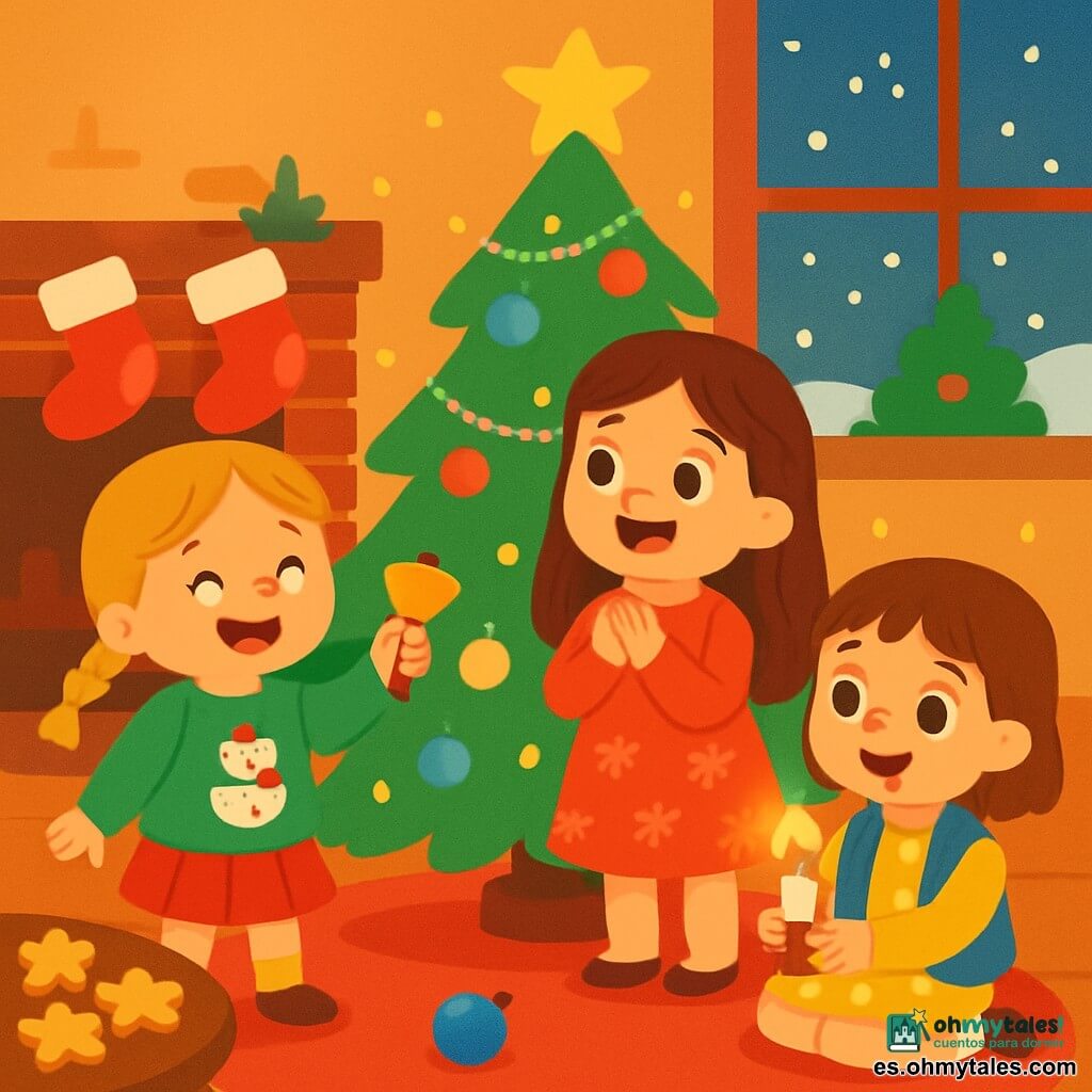 Hay 3 personajes: - Lucía: una niña de 6 años, con largos cabellos castaños y ojos brillantes. Lleva un vestido rojo con motivos de copos de nieve y está cerca del árbol, maravillada por las luces. - Ana: una niña de 5 años, con trenzas rubias y una sonrisa alegre. Lleva un suéter verde con un muñeco de nieve y agita una pequeña campana dorada, de pie a la izquierda de Lucía. - Sofía: una niña de 4 años, con cabello castaño y ojos curiosos. Lleva una falda de lunares y un chaleco azul, sosteniendo una vela encendida, sentada en la alfombra frente al árbol, rodeada de pasteles en forma de estrella. El lugar es una acogedora casita decorada para Navidad, con un gran árbol verde iluminado con guirnaldas brillantes y bolas de colores. Copos de nieve caen suavemente afuera, mientras que dentro, luces doradas crean un ambiente mágico. Pasteles en forma de estrella están dispuestos sobre una mesa de madera, y calcetines navideños cuelgan cerca de la chimenea. La situación principal muestra a las tres niñas cantando alegremente alrededor del árbol, con risas y sonrisas radiantes, mientras una bola de Navidad ha caído al suelo, añadiendo un toque de sorpresa a esta escena festiva.