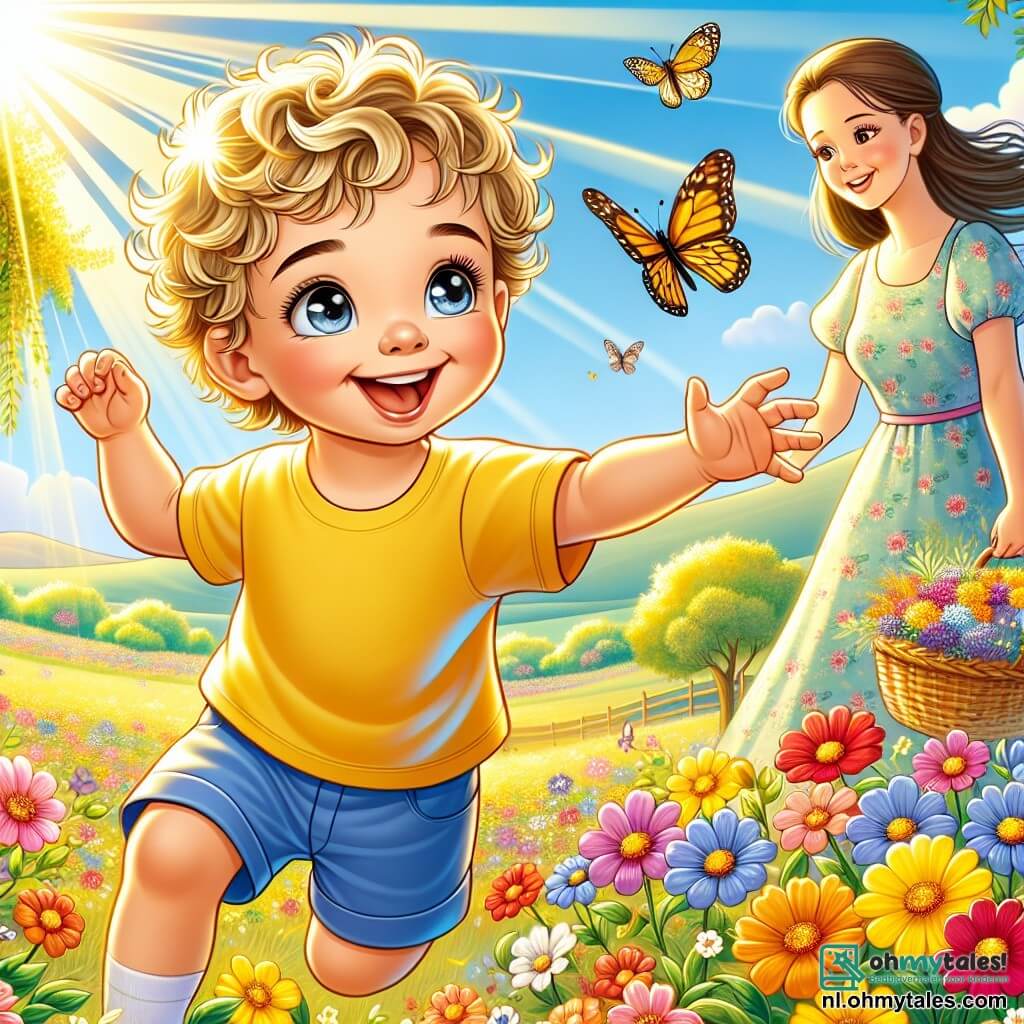 Een jongetje van 2 jaar met blond, krullend haar en grote, sprankelende ogen rent door een veld vol kleurrijke bloemen en lacht luid. Hij draagt een felgele t-shirt en een blauwe short en steekt zijn armen uit naar een mooie vlinder die voor hem vliegt. Naast hem staat zijn moeder, een vrouw van ongeveer 30 jaar met bruin haar in een knot, die liefdevol glimlacht terwijl ze een mand vol bloemen vasthoudt. Ze draagt een lichte bloemenjurk en staat iets naar achteren, haar zoon met liefde observerend. De locatie is een prachtig lentefeld, verlicht door het gouden zonlicht, vol met bloemen in alle kleuren: rood, geel, paars en wit, met groene bomen op de achtergrond en een blauwe lucht met enkele wolken. De hoofdscène toont het jongetje dat verwonderd is door de schoonheid van de natuur, achter de vlinder aanrennend, terwijl zijn moeder hem aanmoedigt met een glimlach, wat een vrolijke en levendige scène creëert die de magie van de lente symboliseert.