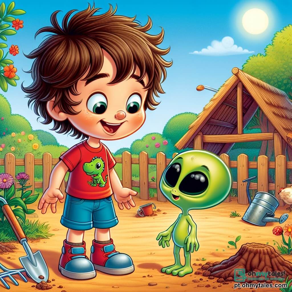 Um garoto de 6 anos, Léo, com cabelo castanho bagunçado e olhos brilhantes de curiosidade, está em um jardim ensolarado, com um grande sorriso de admiração no rosto. Ele usa uma camiseta vermelha com um dinossauro e um short azul, e observa com fascínio uma pequena criatura extraterrestre. Plip, o extraterrestre, é uma pequena criatura verde, medindo apenas 50 centímetros, com grandes olhos redondos e um sorriso travesso, está ao lado de Léo, com os braços levantados como se pedisse ajuda. O jardim está cheio de flores coloridas, árvores frondosas e um galinheiro de madeira ao fundo, onde galinhas ciscam o chão. A cena principal mostra Léo e Plip examinando ferramentas de jardinagem, como uma pá e um regador, em busca de uma solução para consertar a nave espacial escondida nos arbustos.
