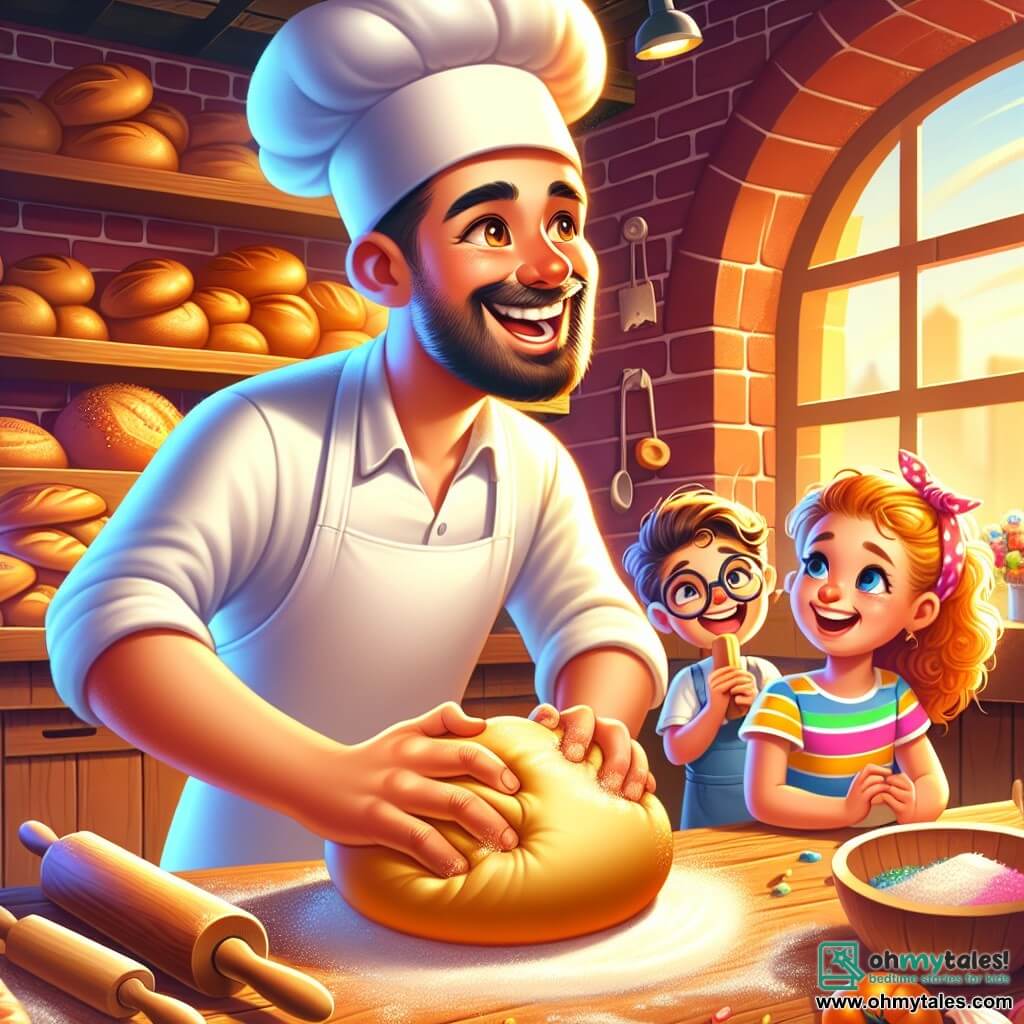 A cheerful man, Mr. Benny, is at the center of the scene, wearing a large white baker's hat and a clean apron. His face is smiling, with sparkling eyes and rosy cheeks. He is kneading a golden ball of dough on a wooden table, surrounded by scattered flour. Next to him, a little girl, Mia, 7 years old, with curly hair and a colorful dress, watches in awe the kneading process, her hands covered in dough. A boy, Max, 8 years old, wearing glasses and a striped t-shirt, stands just behind, holding a rolling pin and smiling enthusiastically. The setting is a cozy bakery, with red brick walls, wooden shelves filled with golden breads and colorful pastries. Morning light streams through the windows, illuminating the scene with a soft glow. The main situation shows Mr. Benny teaching the children how to knead the dough, with laughter and flour in the air, creating a joyful and playful atmosphere.