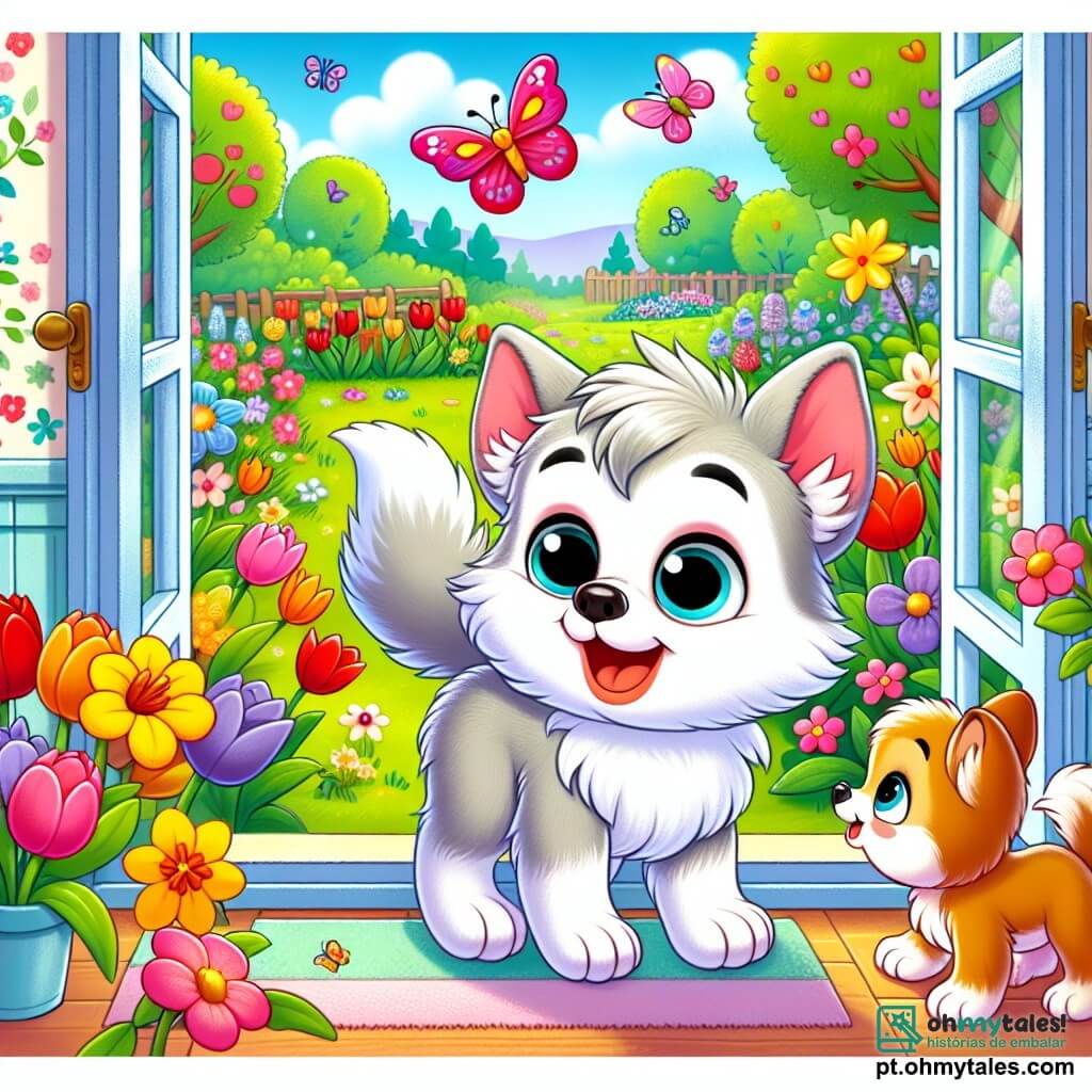 Um pequeno lobo com olhos brilhantes e pelagem macia, com um grande sorriso deslumbrado, está perto de uma janela aberta, olhando para o jardim em flor. Sua cauda balança de excitação. Ao lado dele, sua mamãe, uma loba de pelagem sedosa e olhos ternos, sorri calorosamente enquanto lhe explica a beleza da primavera. O jardim está repleto de flores vibrantes, como tulipas vermelhas, narcisos amarelos e violetas, com borboletas coloridas dançando no ar ensolarado. O pequeno lobo, curioso e alegre, se prepara para ir à escola, ansioso para descobrir as maravilhas desta nova estação.