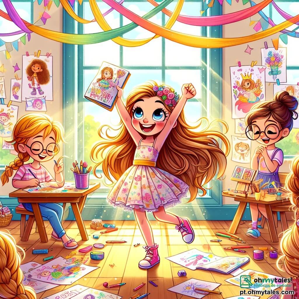 Uma menina de 10 anos, Sofia, com longos cabelos castanhos e olhos brilhantes de alegria, está de pé no centro, segurando um grande caderno cheio de desenhos coloridos. Ela sorri com entusiasmo, suas bochechas rosadas pela excitação. Ao lado dela, sua melhor amiga Júlia, também de 10 anos, tem cabelos loiros trançados e usa um vestido florido. Ela dança alegremente, com os braços levantados, como se já estivesse no palco. Um pouco mais longe, Ana, outra amiga de 10 anos, tem cabelos castanhos e usa óculos. Ela está sentada no chão, desenhando convites em papel colorido, concentrada mas sorridente. A cena acontece em uma sala de aula iluminada, com paredes decoradas com desenhos de crianças e guirlandas coloridas penduradas no teto. Mesas de madeira estão cobertas com materiais artísticos, e uma grande janela deixa entrar a luz do sol. Sofia e suas amigas estão preparando um espetáculo surpresa para o Dia das Mães, com risadas, danças e criações artísticas, preenchendo o ar com uma atmosfera alegre e festiva.