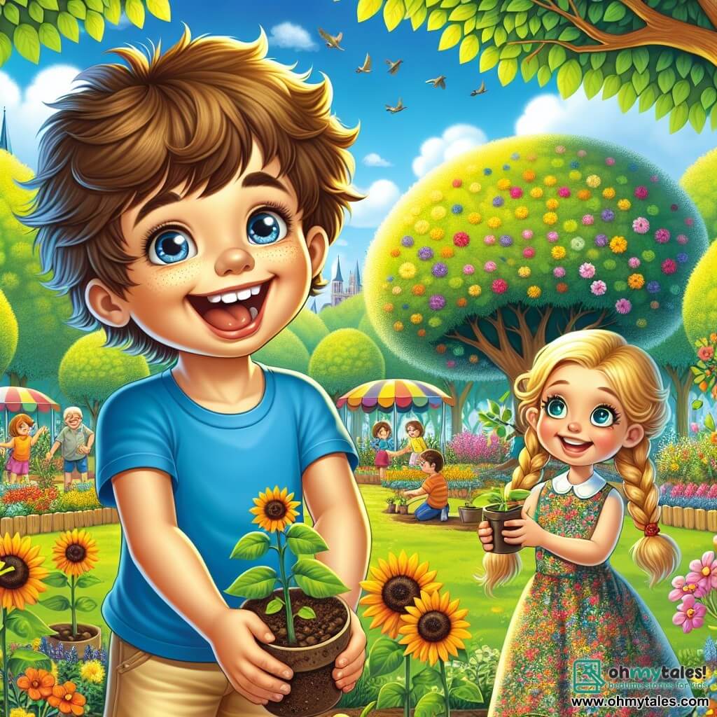 A 10-year-old boy named Oliver stands at the center of the image, with a big smile on his joyful face. He has messy brown hair, sparkling curious eyes, and is wearing a bright blue t-shirt and beige shorts. Oliver is planting sunflower seeds in a clay pot, with dirt on his hands, showing his enthusiasm for gardening. Next to him is a 9-year-old girl named Mia. She has braided blonde hair and is wearing a colorful floral dress. Mia holds a small notebook and a pencil, ready to note the different plants they discover together. She smiles at Oliver, sharing this learning moment. The setting is a blooming park, with majestic trees and vibrant flowers scattered on the ground. In the background, families enjoy a spring festival, with colorful tents and children playing joyfully. The main scene shows Oliver and Mia planting sunflower seeds, surrounded by the beauty of spring, symbolizing the joy of discovering nature and growing together.