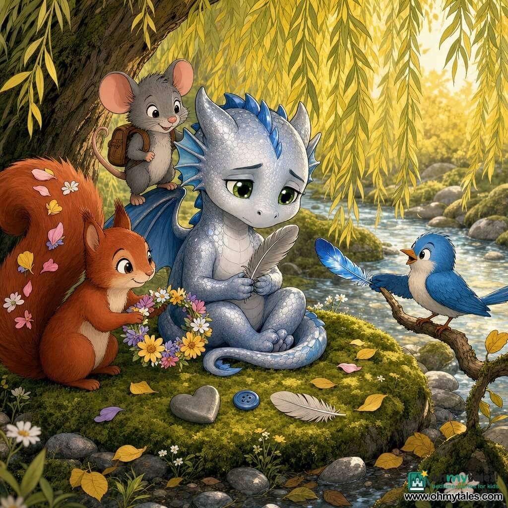 Poppy, a small silver-and-blue dragon with bright green eyes and a gentle, slightly sad expression, sits on a moss cushion holding a gray feather; Max, a gray mouse who looks mischievous but caring, smiles from Poppy’s shoulder with a small brown backpack; Lily, a red squirrel with a fluffy tail decorated with petals, places a flower crown beside Poppy; Benny, a small bright blue bird, perches on a low branch to the right offering a shiny blue feather and looking encouraging. The scene is under a willow by a clear stream—green moss, silver pebbles, yellow leaves, wildflowers, and golden light filtering through branches—with the friends gathered in an improvised “weather corner” where comforting objects (gray feather, blue feather, heart-shaped stone, button) lie on the moss, creating an intimate, soothing atmosphere of soft colors and warm contrasts centered on Poppy to convey shared gentle sadness.