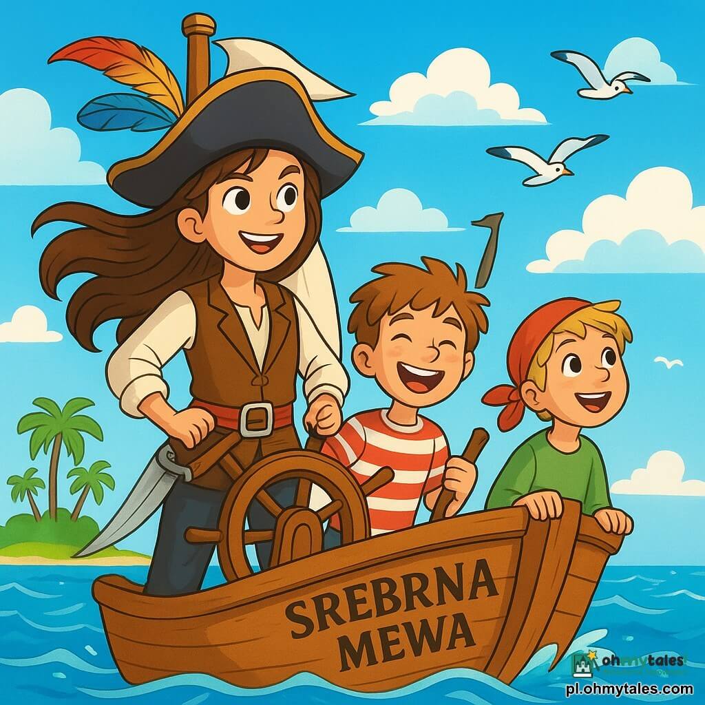 Młoda piratka, Lena, dumnie stoi na dziobie swojego statku, "Srebrna Mewa". Ma długie brązowe włosy powiewające na wietrze, oczy pełne determinacji i odważny uśmiech, który rozświetla jej twarz. Nosi piracki kapelusz ozdobiony kolorowym piórem i zużyty skórzany kamizelkę, z błyszczącym mieczem przy pasie. Obok niej Baszek, chłopiec w wieku około 10 lat, śmieje się, trzymając zabawne pirackie narzędzie, z rozczochranymi włosami i figlarną miną. Nieco dalej Maître Tom, ośmioletni chłopiec, z zachwytem obserwuje ptaki morskie, z szeroko otwartymi oczami i dużym uśmiechem na twarzy. Tło to jasnoniebieski ocean z tańczącymi falami i słonecznym niebem usianym białymi, puszystymi chmurami. W tle widać zieloną wyspę z delikatnie kołyszącymi się palmami. Główna scena ukazuje Lenę, zdeterminowaną i radosną, pewnie trzymającą ster statku, gotową na nadchodzącą piracką burzę, podczas gdy Baszek i Maître Tom z entuzjazmem ją wspierają, gotowi na wspólną przygodę.