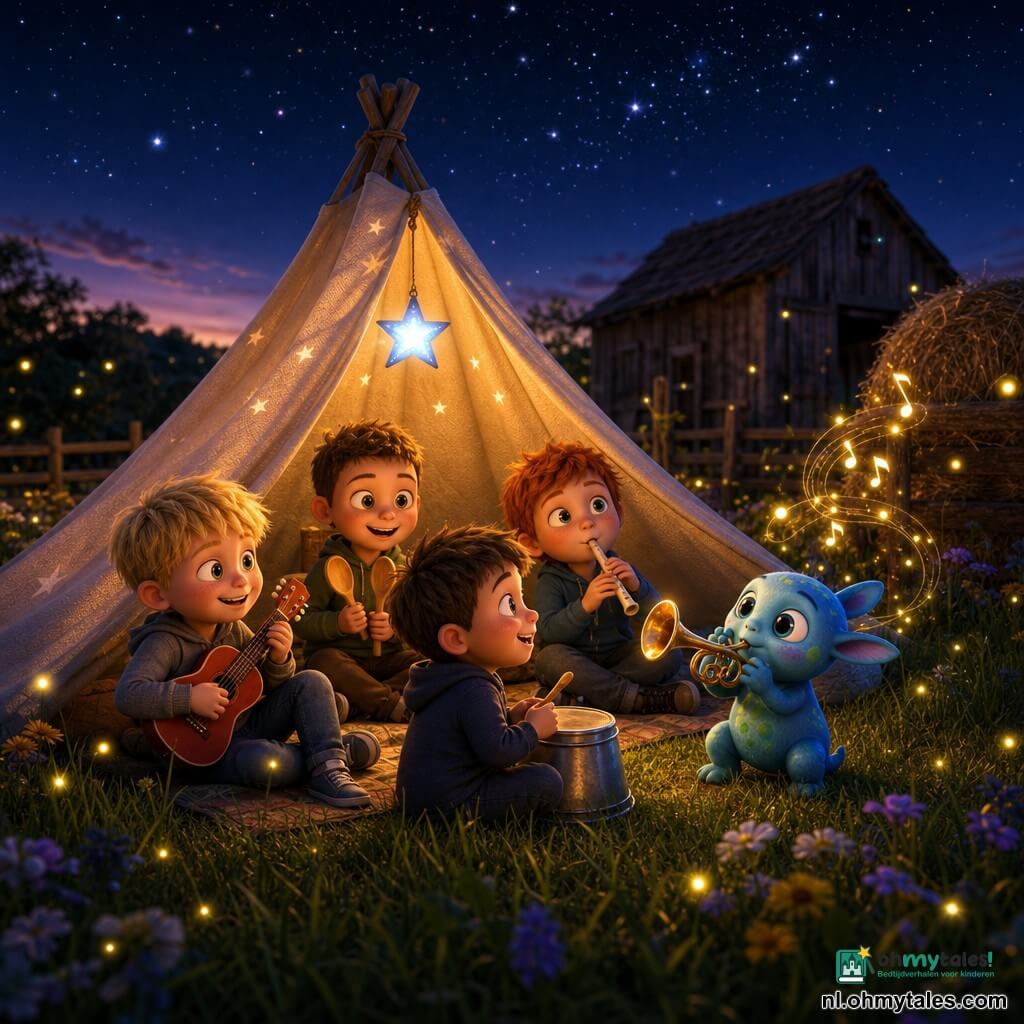 Er zijn vijf personages: Sam, jongen 5 jaar, kort blond haar, houdt een kleine rode gitaar, zittend links bij de tentingang en glimlachend naar de alien; Joris, jongen 5 jaar, kort bruin haar, slaat twee houten lepels tegen elkaar, zittend rechts van Sam iets naar achteren in de tent; Bram, jongen 5 jaar, rood haar, speelt een kleine witte fluit, zittend rechts van de ingang en kijkend naar de sterren; Finn, jongen 5 jaar, kastanjebruin haar, klopt zacht op een metalen emmer als trommel, zittend in het midden voor de alien; de extraterrestre, klein als een konijn, lichtblauwe huid met groene vlekken, drie vingers per hand, grote ronde heldere ogen, houdt een glanzend trompetachtig instrument met drie bochten en blaast een fonkelende noot. Plaats: oude boerderij bij schemering met lage bloemen in het veld, hooibaal en houten schuur op de achtergrond, lichtgrasma onder de tent, diepe sterrenhemel met enkele felle sterren en rondzwevende vuurvliegjes. Situatie: in een cosy beige tent op het veld maken de vier jongens en het wezen samen muziek; een blauwe sterrenlamp geeft zacht licht, muzikale noten zijn glinsterende deeltjes die uit het instrument komen en de kinderen omringen, vrolijke gezichten, warme kleuren en magische, vriendschappelijke sfeer, compositie gecentreerd op de open tent met verlichte gezichten.