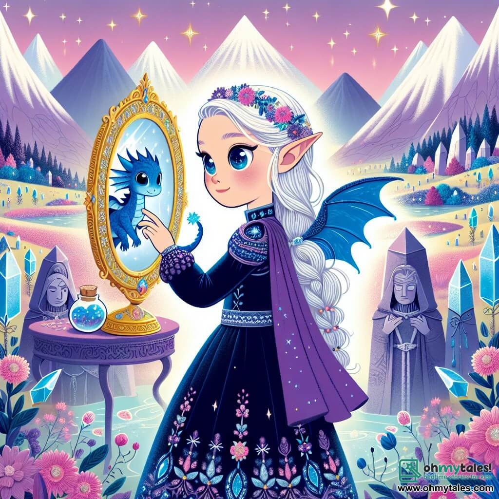A young elf named Lirael, with long silver hair and star-bright eyes, stands at the edge of a magical mirror in the Valley of Echoes. She wears a midnight blue velvet dress adorned with sparkling patterns, her face expressing both determination and gentleness. Beside her, a small dragon named Pip, with sapphire blue scales and twinkling eyes, perches on her shoulder, curiously gazing at the mirror. The enchanted valley is surrounded by floating mountains and fields of crystals shimmering under a lavender sky. Statues of legendary heroes with proud faces stand around them, whispering wisdom. The main scene shows Lirael, ready to make a sacrifice, placing a small crystal vial filled with dew at the center of the mirror, as golden light begins to burst forth from it, illuminating the scene with radiant magic.