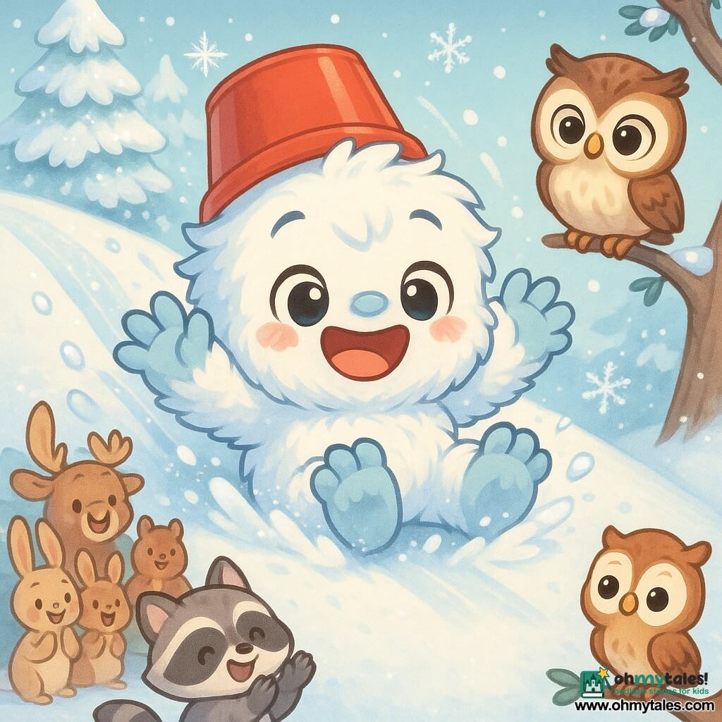 A joyful chubby white-blue-furred Yeti with round shiny eyes and a wide smile pops out of a red bucket like a hat at the end of a slide, paws splayed and snow flying; to the right, a small wise brown-and-cream owl named Ollie perches on a low branch watching amusedly; at the bottom left, a playful gray-striped raccoon stands on two feet clapping mischievously; behind the raccoon, chibi spectators (long-eared rabbits, bushy-tailed squirrels, a smiling moose) form a laughing, applauding semicircle; the scene is a bright, festive moment on a glossy snowy slope under a pale sky with snow-covered firs, sparkling ice crystals, and slide tracks.
