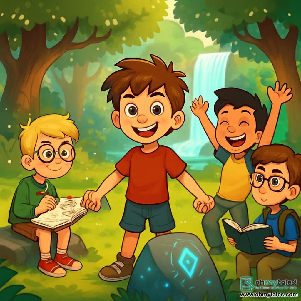 There are four children: Leo, a 12-year-old boy with messy brown hair and sparkling green eyes, wearing a red t-shirt and denim shorts, standing in the center with a big determined smile. Finn, an 11-year-old boy with blond hair and round glasses, is sitting on a stone to the left of Leo, dreamily drawing fantastical creatures in his notebook. Jasper, also 12, has chestnut hair and rectangular glasses, slightly behind to the right of Leo, holding an open book and looking around curiously. Max, an 11-year-old with black hair and a bright smile, stands next to Leo, raising his arms enthusiastically, ready for adventure. The setting is a magical clearing in the heart of the Whispering Woods, surrounded by majestic twisted trees with leaves sparkling like diamonds in the sun. In the center, a huge rock carved with glowing runes emits a soft light, while a curtain of crystal-clear water from a waterfall cascades in the background, creating an enchanting atmosphere. The main situation shows the four friends gathered around the mysterious rock, determined to prove their courage and uncover the secret of the Heartstone. They hold hands, united by their friendship, ready to face the guardian of the magical stone waiting for them in the shadows.