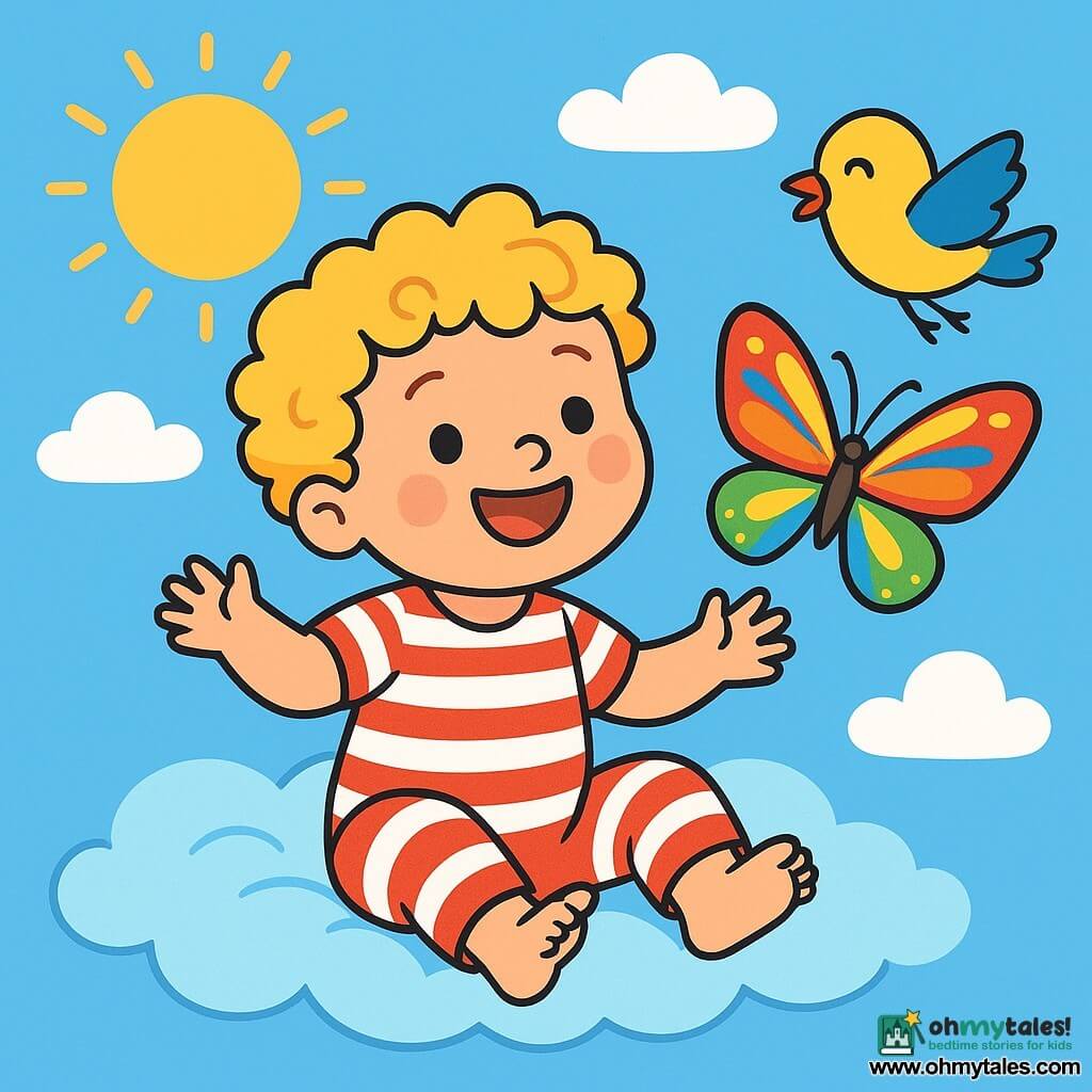 A 2-year-old boy with curly golden hair smiles with sparkling eyes of joy, sitting on a fluffy blue cloud. He wears a red and white striped outfit, and his little bare feet are joyfully wiggling. Next to him, a beautiful butterfly with multicolored wings dances in the air, its shiny wings shimmering in the sun. A yellow and blue bird flies nearby, singing happily with a friendly look. The sky is bright blue, dotted with fluffy white clouds, and the sun shines warmly, creating a soft and serene atmosphere. The scene radiates a sense of happiness and lightness, where the little boy shares a magical moment with his winged friends, laughing and marveling together.