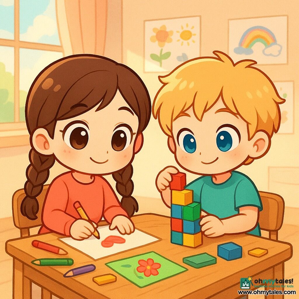An 8-year-old girl named Maya, with big curious eyes and brown hair in braids, is sitting at a wooden desk, pencil in hand, a gentle smile on her face. Next to her, a 7-year-old boy, Leo, with messy blond hair and a mischievous look, is building a tower with colorful blocks. They are in a bright classroom, with walls covered in children's drawings and a large window letting in sunlight. The main scene shows Maya and Leo preparing letters and drawings for their twin class, surrounded by colorful papers and pencils scattered on the desk.