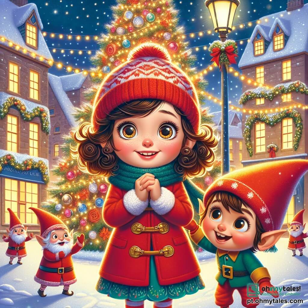 No centro da imagem, uma menina de 10 anos, Clara, com cabelos cacheados e olhos brilhantes de curiosidade, está diante de um grande pinheiro de Natal decorado com luzes cintilantes. Ela usa um casaco vermelho vivo e um gorro de lã, seu rosto radiante de alegria enquanto segura um cristal brilhante nas mãos. Ao lado dela, Pip, um pequeno elfo com um chapéu vermelho e orelhas pontudas, sorri entusiasticamente, seus olhos brilhando de energia mágica. Ao fundo, a praça da pequena cidade está coberta de neve, com casas de telhados nevados e guirlandas luminosas que iluminam a cena. A situação principal mostra Clara e Pip celebrando o retorno do cristal de Natal, cercados por duendes alegres que dançam e cantam, trazendo uma atmosfera festiva e acolhedora a esta cena encantada.