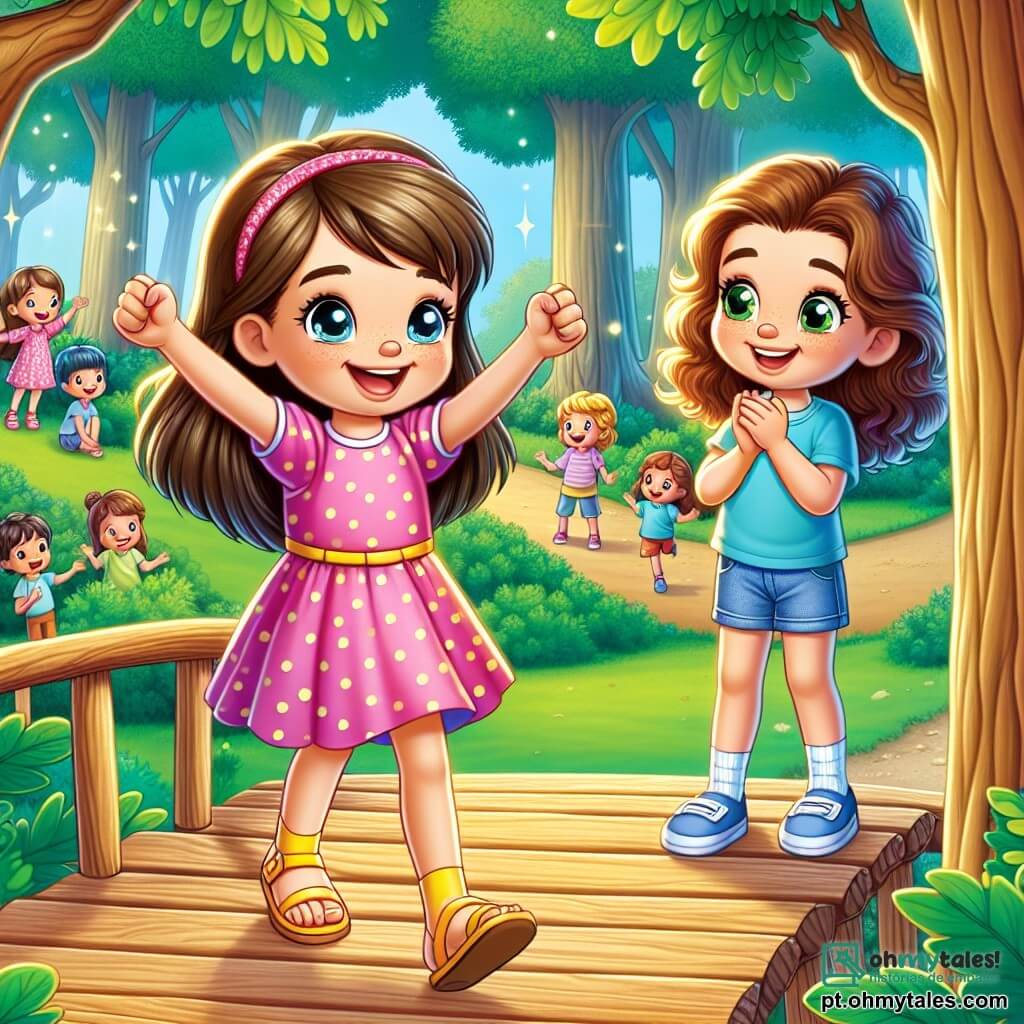 Uma menina de 6 anos, Sofia, com longos cabelos castanhos e olhos brilhantes de alegria, está no meio de uma passarela de madeira, com um sorriso radiante no rosto. Ela usa um vestido rosa com bolinhas brancas e sandálias amarelas, com os braços levantados em sinal de vitória. Ao lado dela, sua melhor amiga Luísa, também de 6 anos, tem cabelos cacheados e está vestida com uma camiseta azul e um short de jeans. Ela aplaude entusiasticamente, com os olhos brilhando de admiração por Sofia. O cenário é um parque verdejante, com árvores majestosas e uma grama bem cuidada. Ao fundo, outras crianças brincam alegremente, adicionando uma atmosfera festiva à cena. A passarela de madeira, feita de troncos de carvalho, está levemente inclinada, dando uma sensação de aventura. A situação principal mostra Sofia, cheia de coragem e alegria, atravessando a passarela, enquanto Luísa a encoraja com um grande sorriso. A atmosfera é repleta de cores vibrantes e sensações de excitação, ilustrando o tema das emoções e da bravura.