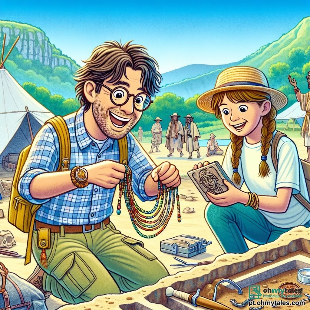 Um arqueólogo, Miguel, está no centro da imagem, com cabelos castanhos desgrenhados e óculos redondos. Ele usa uma camisa xadrez e uma calça cargo, e seu rosto expressa grande empolgação e curiosidade enquanto segura um lindo colar de pérolas coloridas, descoberto no solo. Ao lado dele, uma jovem chamada Ana, com cerca de 25 anos, tem cabelos longos e loiros presos em um rabo de cavalo. Ela usa um chapéu de palha e uma camiseta leve, observando atentamente uma antiga cerâmica que acabou de desenterrar, mantendo-se um pouco afastada para admirar a descoberta de Miguel. O cenário é um sítio arqueológico ao ar livre, com tendas brancas, ferramentas de escavação espalhadas pelo chão e montanhas verdes ao fundo sob um céu azul brilhante. A situação principal mostra Miguel e Ana, cercados por colegas, celebrando a descoberta do colar, com sorrisos radiantes nos rostos, enquanto pássaros voam alegremente acima deles, simbolizando a alegria da descoberta e o espírito de aventura.