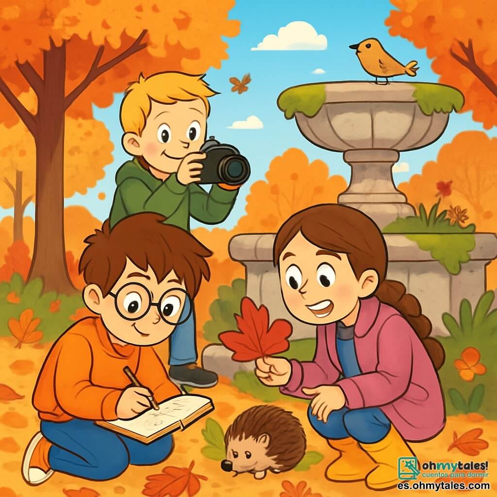Hay 3 niños: - Mario: un niño de 10 años, con cabello castaño desordenado y gafas redondas. Lleva un suéter naranja y pantalones azules, y está agachado escribiendo en su cuaderno de campo, rodeado de hojas de otoño. - Samuel: un niño de 11 años, con cabello rubio y pecas. Lleva una chaqueta verde y jeans, y está de pie, sosteniendo una cámara, listo para fotografiar un erizo escondido detrás de un arbusto. - Emma: una niña de 10 años, con cabello castaño trenzado y una sonrisa radiante. Lleva un abrigo rosa y botas amarillas, y está agachada junto a Mario, observando una hoja roja que sostiene en su mano. El lugar es un jardín de otoño, lleno de grandes árboles con hojas de colores naranja, rojo y dorado. El suelo está cubierto de hojas muertas, y en el centro hay una vieja fuente de piedra cubierta de musgo, rodeada de flores marchitas. El cielo es azul claro, con algunas nubes blancas flotando. La situación principal muestra a los tres niños explorando, descubriendo la belleza de la naturaleza en otoño. Observan atentamente un erizo que se desliza entre las piedras, mientras los pájaros cantan en los árboles. La atmósfera es alegre y curiosa, llena de risas y descubrimientos.