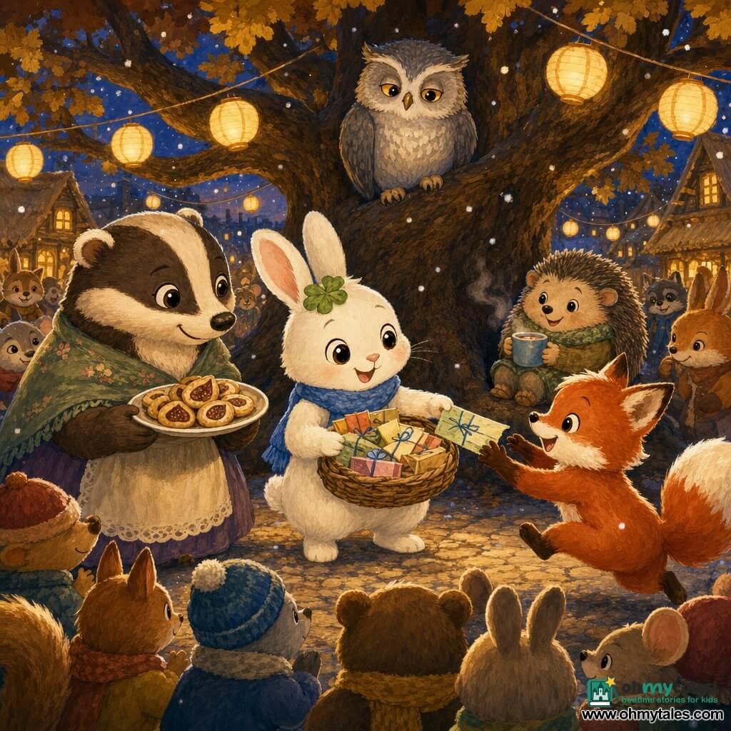 The main character is Clover, a small white rabbit with a green clover tuft, big shiny eyes, a warm smile, wearing a blue scarf and holding a wicker basket of folded, blue-tied coupons; to the left stands a gentle, round badger lady with brown-and-cream stripes holding a plate of fig cookies; perched on a low oak branch is a wise old gray-feathered owl with golden eyes watching kindly; a mischievous red fox cub with a bushy tail jumps near the rabbit to grab a coupon, slightly forward to the right; a small plump hedgehog with soft spines sits on a root in the background, smiling and holding a steaming cup of tea; the setting is Woodland Hollow village square at dusk with a massive central oak, yellow paper-lantern garlands, thatched wooden cottages, soft cobbles and light falling snow or glitter, in warm orange and deep blue evening tones; the scene shows a New Year celebration as animals form a circle around the oak while the rabbit hands out colorful vouchers, creating a gentle, luminous, kindly and slightly magical atmosphere.