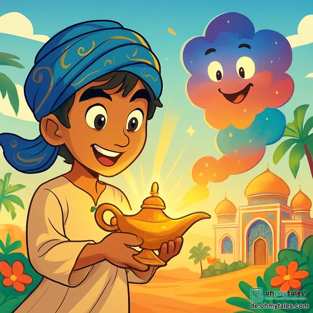 Karim, ein junger Mann mit funkelnden Augen und strahlendem Lächeln, steht vor einer wunderschönen goldenen Lampe, sein Gesicht erleuchtet von dem geheimnisvollen Glanz, der davon ausgeht. Er trägt einen blauen Turban mit goldenen Mustern und eine leichte Tunika, die sanft im warmen Wüstensand weht. Neben ihm erscheint Sirad, der Geist, in Form einer bunten Wolke mit leuchtenden Augen und einem schelmischen Lächeln. Er schwebt leicht über dem Boden, umgeben von kleinen, leuchtenden Funken, bereit, Geheimnisse zu enthüllen. Im Hintergrund erhebt sich majestätisch ein prächtiger Palast aus schimmerndem Marmor, dessen Wände mit bunten Mosaiken verziert sind. Palmen mit üppig grünen Blättern und strahlenden Blumen verleihen der Umgebung einen Hauch von Magie. Die Szene zeigt Karim, der die magische Lampe entdeckt, während goldene Lichtstrahlen daraus strömen und sein staunendes Gesicht erleuchten. Der leichte Wind hebt seinen Turban leicht an, was eine Atmosphäre von Geheimnis und Abenteuer schafft.