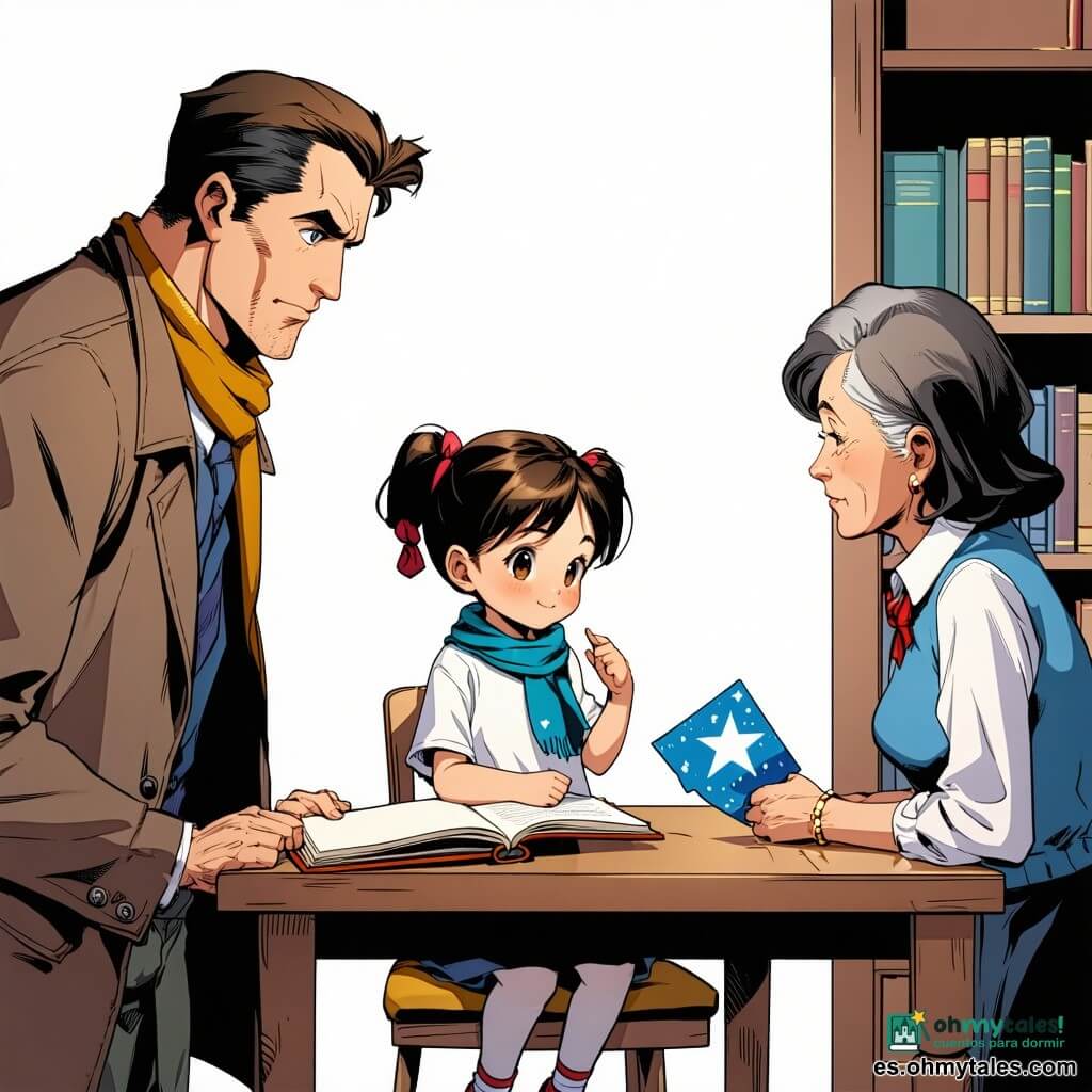 Un hombre adulto, el detective Nico, con expresión tranquila y atenta, chaqueta marrón clara y bufanda fina, sostiene un pequeño cuaderno y se inclina hacia la mesa; una niña, Lucía, de 8 años, con dos trenzas, ojos brillantes y sonrisa tímida, está sentada ante la mesa sosteniendo delicadamente el pañuelo azul con estrellas y mirando a su abuela; una mujer adulta, Marta la bibliotecaria, de unos 45 años, pelo gris recogido y gafas redondas, de expresión serena y concentrada, está sentada frente a Lucía cosiendo una pequeña estrella en la esquina del pañuelo; un joven, Sergio, de unos 28 años, pelo negro despeinado y chaqueta gris, permanece de pie detrás de Marta, con un imperdible en la mano y aliviado; la abuela, de unos 70 años con vestido verde y pelo blanco recogido, está de pie junto a Lucía visiblemente emocionada lista para abrazar el pañuelo; el lugar es la sala infantil de una biblioteca con mesa de madera clara, sillas bajas coloridas, estanterías con libros ilustrados y luz cálida entrando por una ventana; situación principal: momento de devolución y reparación del pañuelo azul, todos muestran alivio en un ambiente tranquilo y cálido.