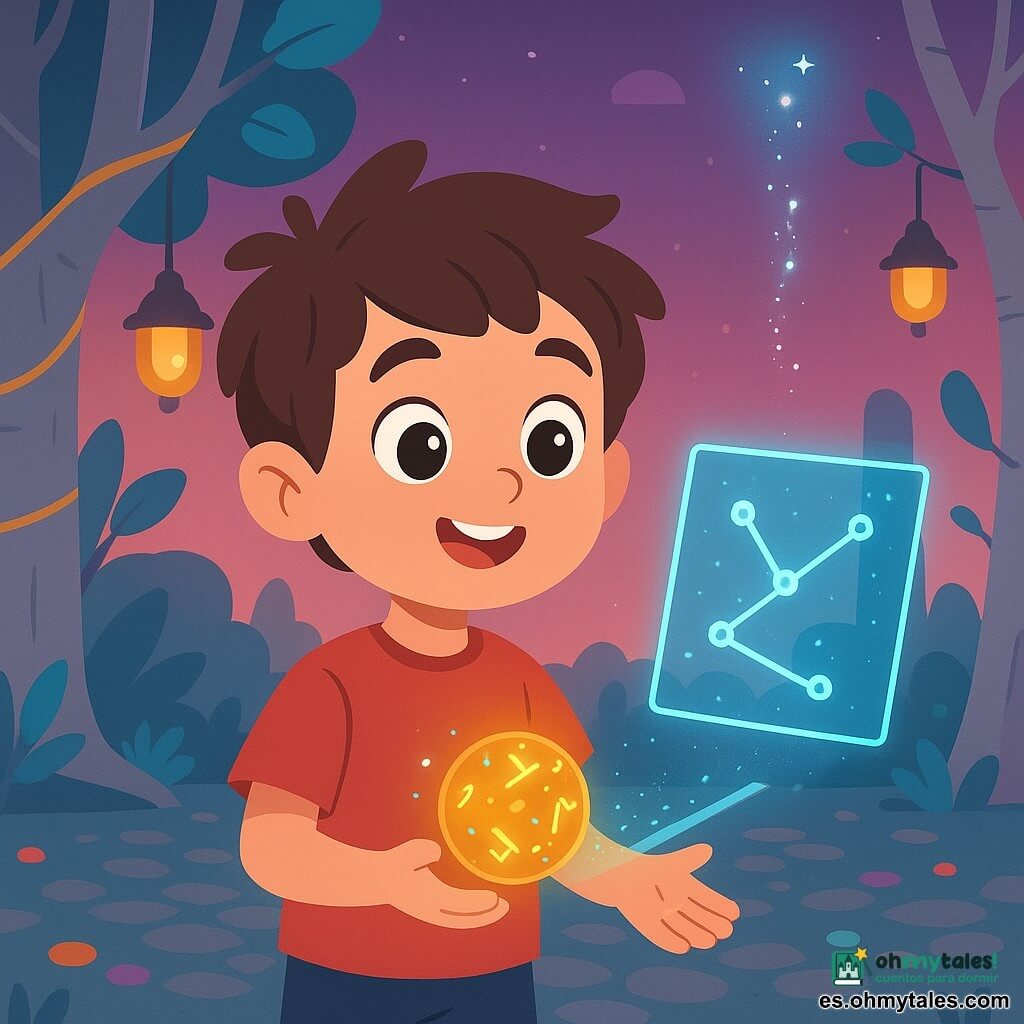 Un niño de 6 años de rostro redondo y cabello castaño despeinado mira maravillado mientras sostiene un pequeño amuleto redondo brillante que flota sobre su palma; sus ojos grandes y brillantes muestran curiosidad y alegría. El amuleto es una esfera dorada luminosa con pequeñas runas y puntos azules; a su lado cuelga del cielo un hilo de luz en forma de cuerda de estrellas que proyecta un delgado holograma de mapa luminoso indicando tres caminos. Al fondo hay un bosque de troncos gris claro con cables dorados en las ramas, hojas turquesa y una torre metálica lejana con ventanas azules; el suelo está empedrado con canicas de colores esparcidas. Es el crepúsculo con cielo rosa-violeta y pequeñas linternas que emiten una luz cálida; la escena es a la vez mágica y tecnológica, en un marco de ciencia-fantasía acogedor.