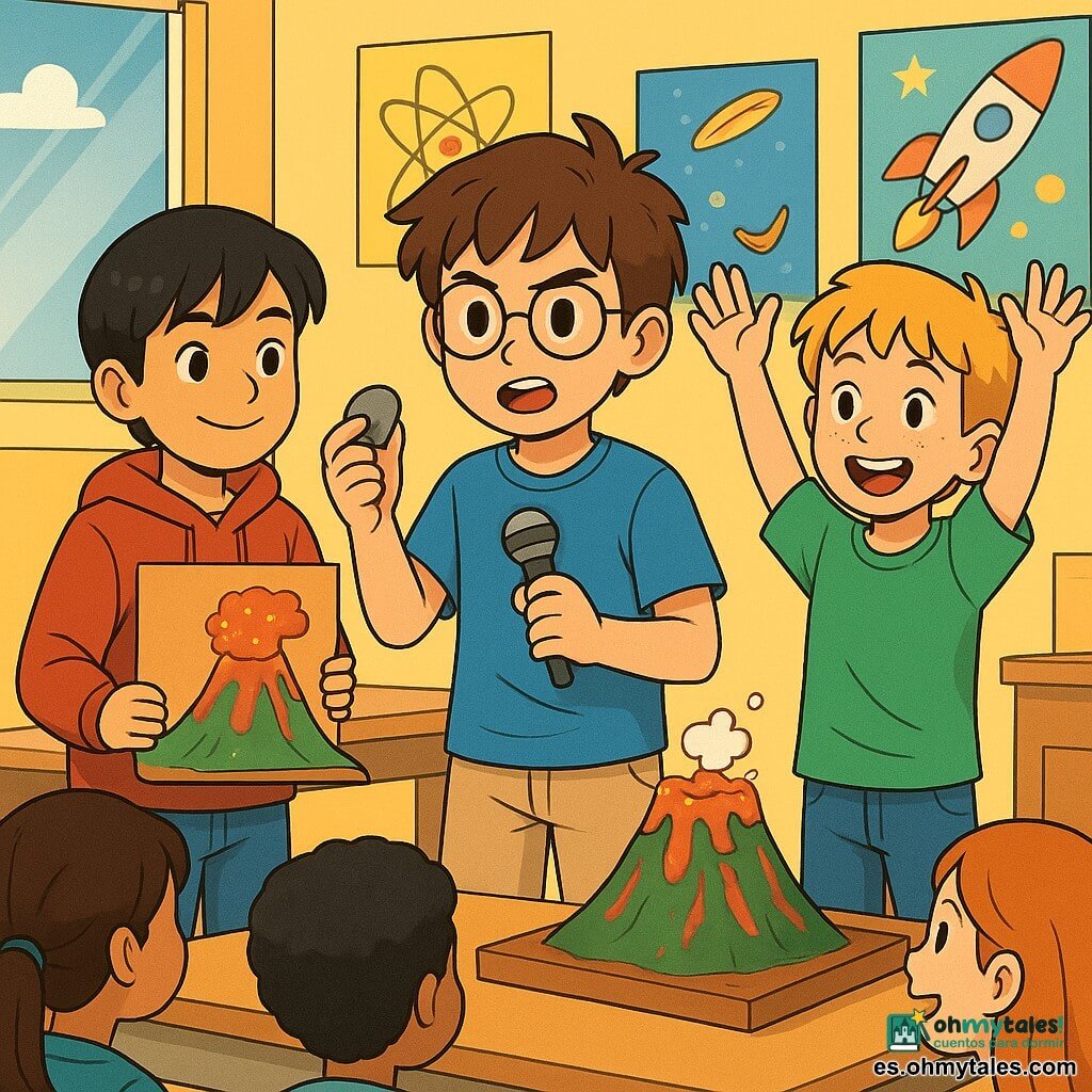 Hay 3 personajes: - Mateo: un niño de 11 años, con cabello castaño desordenado y gafas redondas. Lleva una camiseta azul y un pantalón corto beige. Está en el centro, sosteniendo una pequeña piedra en su mano, con una expresión determinada en su rostro. - Raúl: un niño de 11 años, con cabello negro y liso, que lleva una sudadera roja con capucha. Está ligeramente a la izquierda de Mateo, sonriendo y sosteniendo un cartón decorado para su volcán. - Diego: un niño de 11 años, con cabello rubio y pecas. Lleva una camiseta verde y jeans. Está a la derecha de Mateo, levantando los brazos en el aire, como si estuviera listo para hacer una presentación. El lugar es un aula luminosa, con paredes pintadas de amarillo y carteles coloridos sobre ciencias. Al fondo, una gran ventana deja entrar la luz del sol, iluminando una mesa de madera sobre la que hay un volcán de cartón, pintado de rojo y verde, con burbujas de "lava" de bicarbonato y vinagre que desbordan. La situación principal muestra a los tres niños presentando su volcán frente a sus compañeros, con rostros entusiastas y un poco nerviosos. Mateo, en el centro, habla en un micrófono, mientras Raúl y Diego lo animan, todos rodeados de compañeros que los miran con admiración y curiosidad.