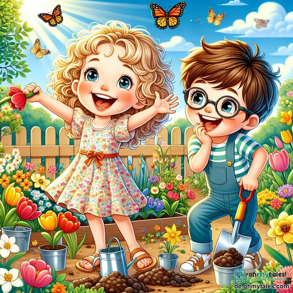 Ein 10-jähriges Mädchen, Lena, mit lockigem, blondem Haar und einem großen Lächeln im Gesicht, pflanzt bunte Blumen in einem sonnigen Garten. Sie trägt ein leichtes Blumenkleid und Sandalen und wirkt voller Begeisterung und Freude. Neben ihr steht Max, ein 9-jähriger Junge mit braunen Haaren und einer Brille, der mit einem Lächeln eine kleine Schaufel hält und sie anfeuert. Sie sind von frischer Erde und kleinen Blumentöpfen umgeben, während bunte Schmetterlinge um sie herumfliegen. Der Garten ist mit strahlenden Tulpen, goldenen Narzissen und einem klaren blauen Himmel mit einigen flauschigen weißen Wolken gefüllt. Im Hintergrund sieht man einen Holzzaun und grüne Bäume, die der fröhlichen Szene eine natürliche Note verleihen. Die Hauptsituation zeigt Lena und Max, die zusammen arbeiten, lachen und Spaß haben beim Pflanzen von Blumen, was den Geist des Frühlings und die Freundschaft symbolisiert.