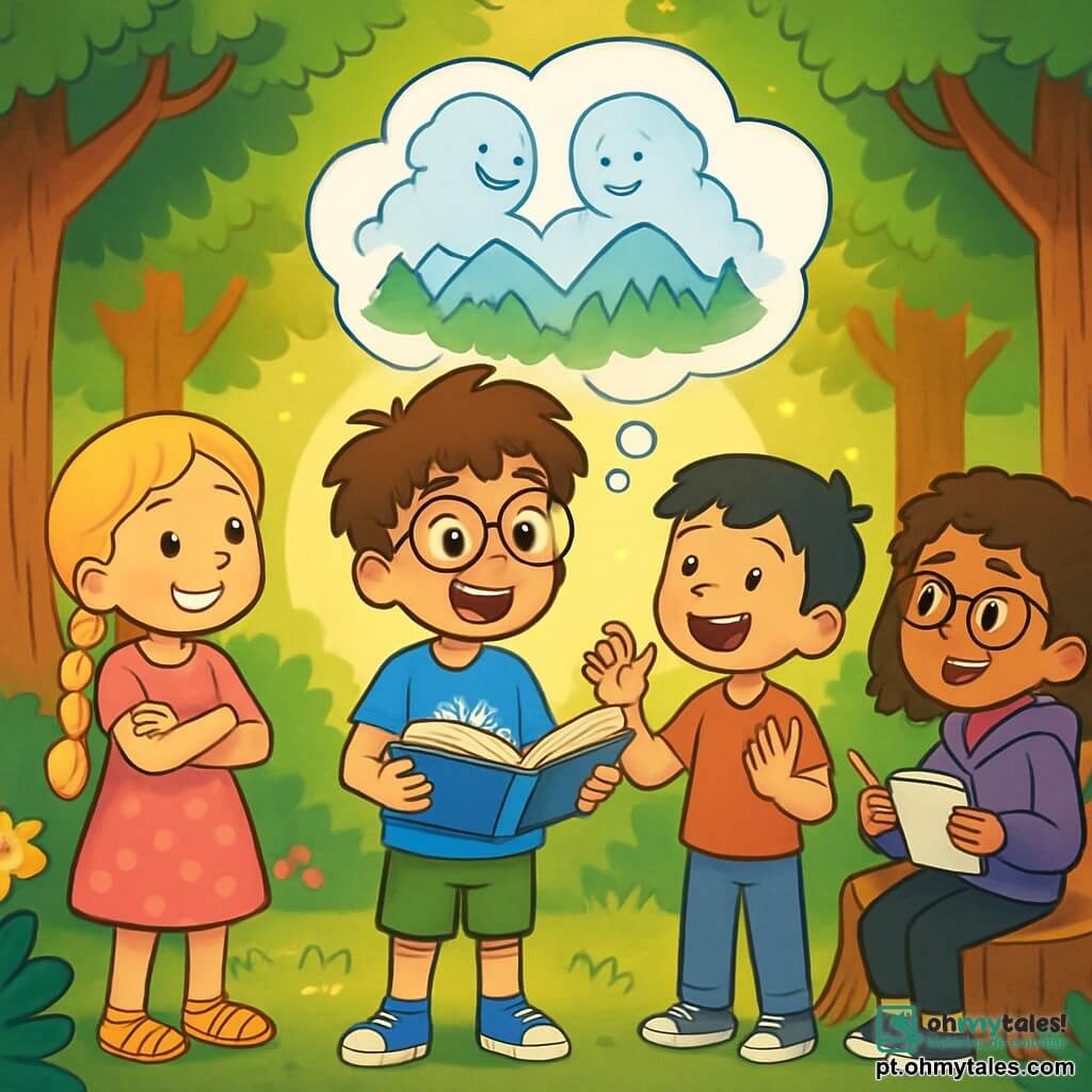 Há 4 crianças: - João: um menino de 10 anos, com cabelos castanhos bagunçados e óculos redondos. Ele usa uma camiseta azul com um desenho de nuvem e um short verde. Está em pé no centro, com os olhos brilhando de imaginação, segurando um livro aberto nas mãos. - Rita: uma menina de 10 anos, com longos cabelos loiros trançados e um sorriso radiante. Ela usa um vestido rosa com bolinhas e sandálias amarelas. Está à esquerda de João, com os braços cruzados, ouvindo atentamente a história. - Miguel: um menino de 10 anos, com cabelos pretos curtos e sardas no rosto. Ele usa uma camiseta vermelha e uma calça jeans. Está à direita de João, com as mãos levantadas como se estivesse propondo uma ideia. - Sofia: uma menina de 10 anos, com cabelos castanhos cacheados e óculos retangulares. Ela usa um moletom roxo e uma legging preta. Está um pouco atrás, segurando um caderno e um lápis, pronta para anotar as ideias. O cenário é uma clareira encantada no coração da Floresta das Histórias, cercada por árvores majestosas com troncos grossos e folhas verdes brilhando ao sol. Flores coloridas enfeitam o chão, e um suave raio de luz filtra através dos galhos, criando uma atmosfera mágica. No centro, um velho contador de histórias com barba branca está sentado em um tronco, ouvindo as crianças com benevolência. A cena mostra as crianças criando uma história juntas, cercadas pela magia da floresta, trocando ideias, rindo e se entusiasmando, enquanto nuvens em forma de gigantes gentis flutuam acima delas, simbolizando sua imaginação abundante.