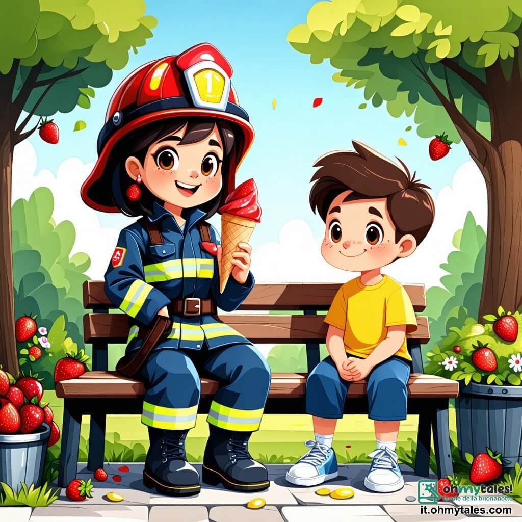 Una pompiere donna, Sofia, sorridente e piena di energia, indossa un grande casco rosso lucido e una tuta blu. È seduta su una panchina in un parco soleggiato, gustando un gelato alle fragole, con gli occhi scintillanti di gioia. Accanto a lei, un ragazzo di circa 6 anni, curioso ed entusiasta, con i capelli castani spettinati e una maglietta gialla, la osserva con ammirazione, le mani sui fianchi. Il parco è pieno di verde, con grandi alberi dalle foglie verdi brillanti e fiori colorati che danzano nella leggera brezza. Un cielo blu chiaro si estende sopra, punteggiato da alcune nuvole bianche e soffici. Sofia spiega con passione il suo lavoro di pompiere, mentre il ragazzo la ascolta attentamente, gli occhi sbarrati per lo stupore. Condividono un momento di complicità, circondati dalla bellezza del parco, dove amicizia e sogno d'avventura si mescolano.