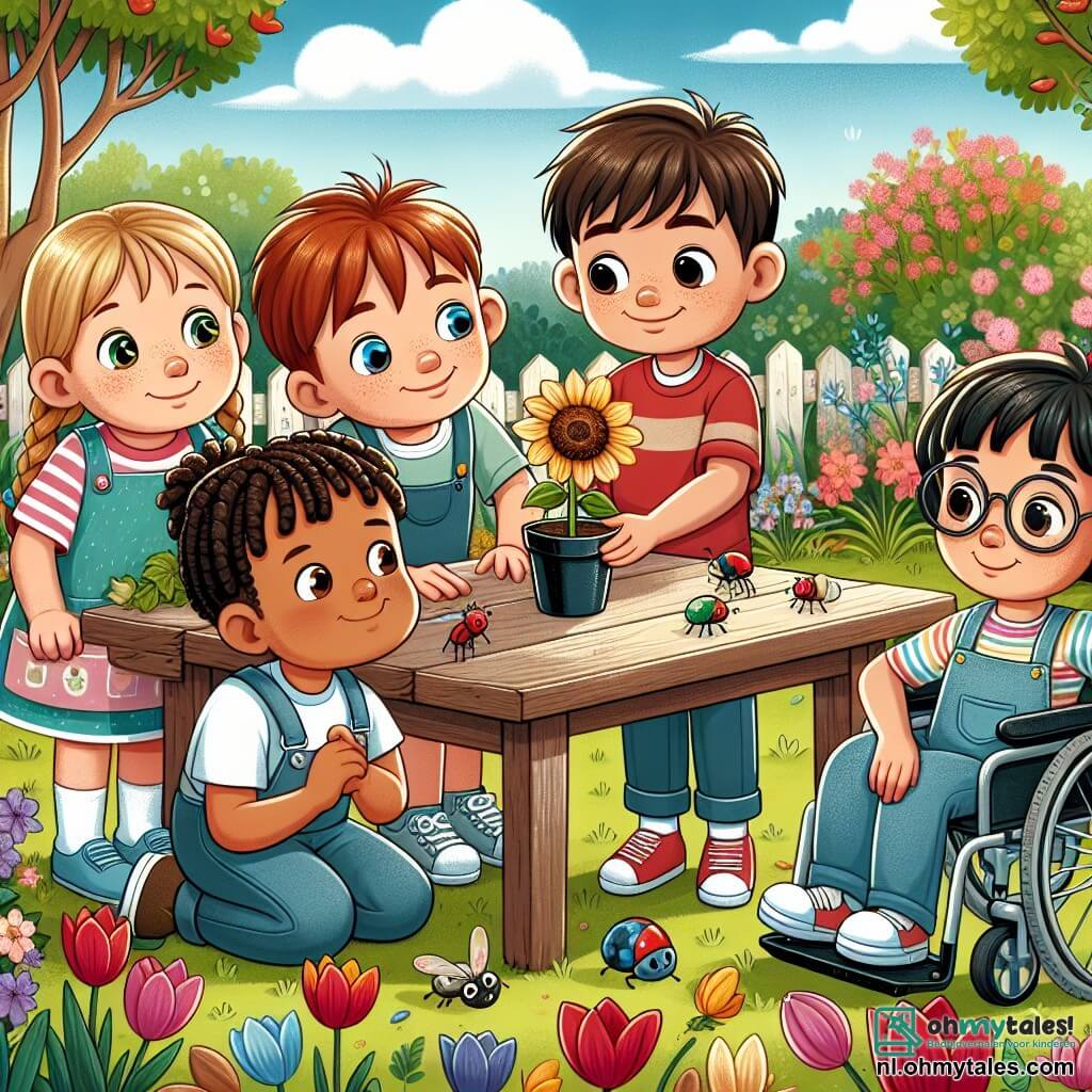 In een bloeiende schooltuin zijn vier kinderen samengekomen rond een rustieke houten tafel. Sam, een 11-jarig jongetje met bruin haar en sprankelende ogen, houdt een klein aardepotje vast met een jonge zonnebloemplant en glimlacht trots. Naast hem kijkt Emma, een 10-jarig meisje met gevlochten blond haar en ronde bril, aandachtig naar een groep vliegen die rond een bloem vliegen. Lucas, een 11-jarig jongetje met kastanjebruin haar en een gebruinde huid, hurkt bij een struik en houdt een gekleurd plastic ei vast dat hij net heeft gevonden, met een opgewonde blik op zijn gezicht. Ten slotte glimlacht Noor, een 10-jarig meisje in een rolstoel met zwart haar en een bril, terwijl ze een klein zakje zaden vasthoudt, klaar om te planten. De tuin is gevuld met kleurrijke bloemen, waaronder rode tulpen, gele narcissen en paarse krokussen, terwijl vogels zingen in de groene bomen. De lucht is helderblauw met enkele donzige witte wolken. De belangrijkste situatie toont de kinderen die zaden planten in potten, omringd door aarde en gelach, wat het verwondering en de vreugde van het samen ontdekken van de magie van de lente symboliseert.