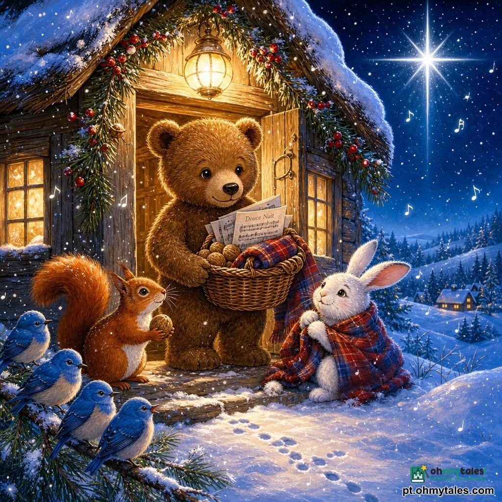 Urso de pelúcia realista médio, pelos castanho‑castanha, olhos redondos e sorriso suave, de pé na porta de uma pequena casa de madeira, segurando um cesto de vime com nozes, um cobertor e partituras; expressão benevolente e postura acolhedora; à esquerda, um esquilo ruivo segurando uma noz com olhar agradecido; à direita, um coelho branco de orelhas longas e pelo salpicado de neve, sentado e em parte enrolado no cobertor, aliviado; um grupo de passarinhos azuis empoleirados num ramo baixo do pinheiro, penas eriçadas, um cantando; a casa é uma chalé de madeira clara com janelas em caixilho iluminadas por uma lâmpada redonda que projeta um halo dourado, telhado coberto de neve, guirlandas de bagas vermelhas e ramos de pinho na entrada; caminho brilhante de neve com pegadas de animais e flocos desenhados como pequenas notas musicais; no céu noturno, uma grande estrela prateada acima da colina lança brilhos como pó de luz; atmosfera de noite de Natal calorosa e suave, contraste entre o halo quente da lâmpada e o azul frio da neve, estilo tinta colorida com traços nítidos, lavagens translúcidas e texturas detalhadas de pelos, madeira e flocos.