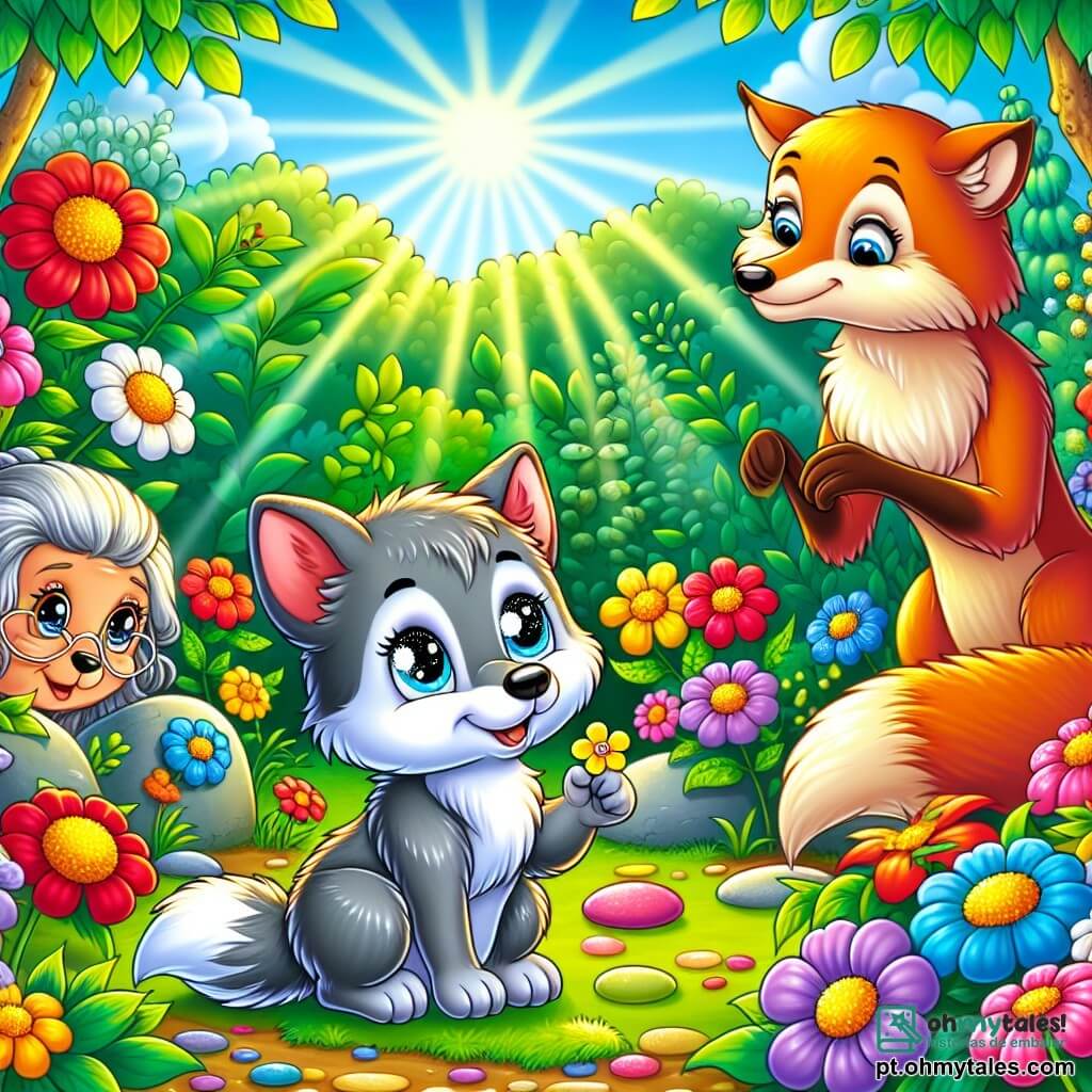 Em um jardim selvagem, um pequeno lobo de pelos cinzas e olhos curiosos está no centro da imagem. Ele parece alegre e um pouco nervoso, segurando uma pequena flor amarela, simbolizando sua felicidade. Ao seu lado, uma raposa idosa, de pelos laranja vivo e olhos sábios, observa com um sorriso gentil. Ela está sentada em uma pedra, cercada de flores coloridas, e parece incentivar o pequeno lobo com uma expressão calorosa. O jardim é exuberante, repleto de flores vibrantes, folhas verdes brilhantes e pedras de formas variadas, criando uma cena viva e alegre. Raios de sol atravessam os galhos, iluminando o chão coberto de pétalas. Nesta cena, o pequeno lobo orgulhosamente mostra seu jardim das emoções, cercado por seus amigos animais, que admiram os arranjos de flores e pedras, criando uma atmosfera de compartilhamento e celebração.