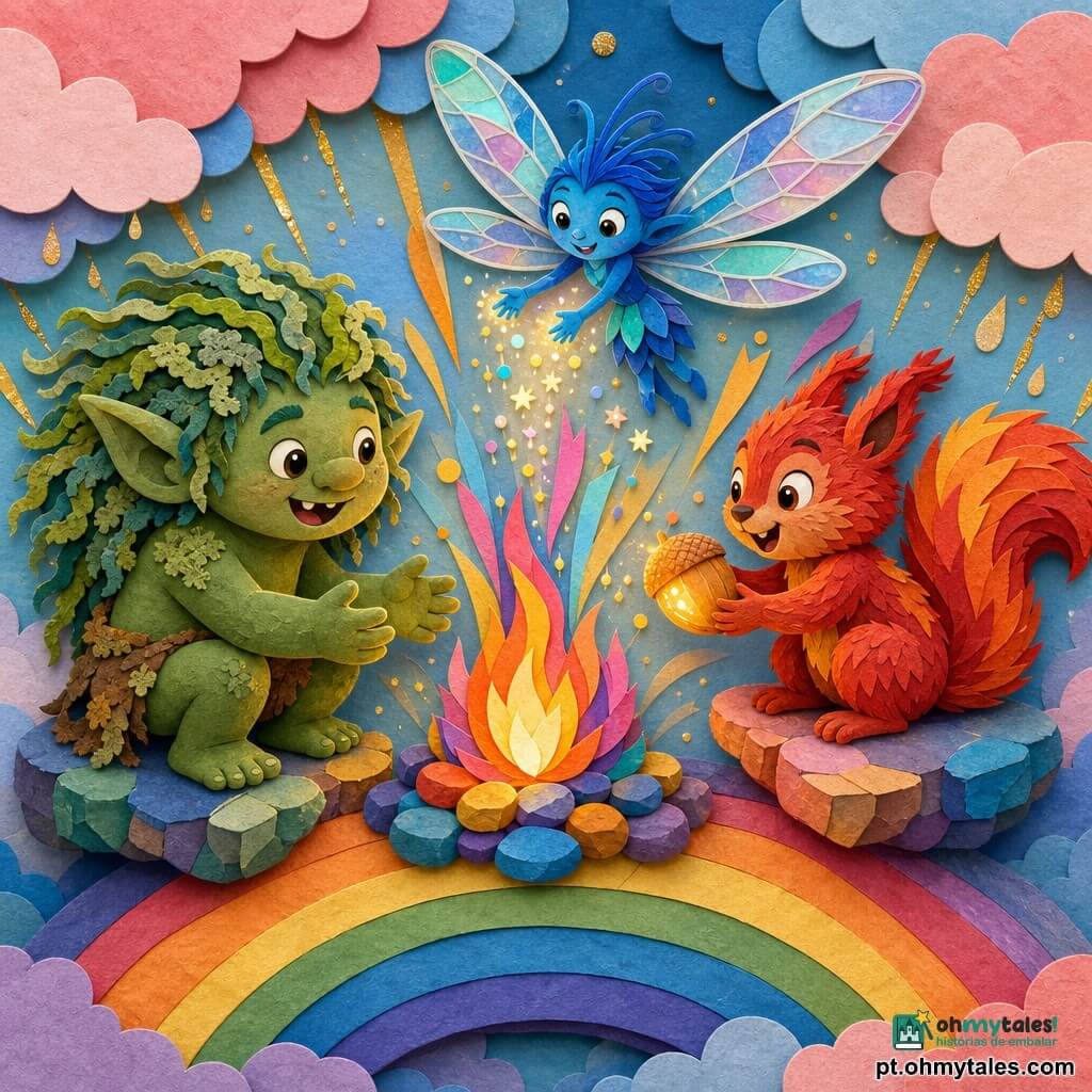 Um troll chamado Tulo, determinado e alegre, pele verde musgo, cheveux verts em mechas como líquen, orelhas pontudas e olhos brilhantes, agachado com as mãos estendidas para uma pequena chama multicolor; Pipo, um esquilo garoto de pelo ruivo e cauda espessa, segura uma noz brilhante e está empoleirado na pedra ao lado do troll, olhando excitado; Lumi, uma libélula fêmea azul elétrico com asas translúcidas iridiscentes, voa sobre a chama soltando pequenas faíscas; cenário: topo de um arco-íris largo em estilo papel recortado, pedras flutuantes coloridas, nuvens de algodão rosa e azul e chuva de brilhos dourados; os três formam um círculo ao redor do fogo sagrado quase apagado, cantam e oferecem a noz que provoca raios coloridos e faíscas que reacendem a chama, atmosfera mágica, cores vivas e texturas em camadas.