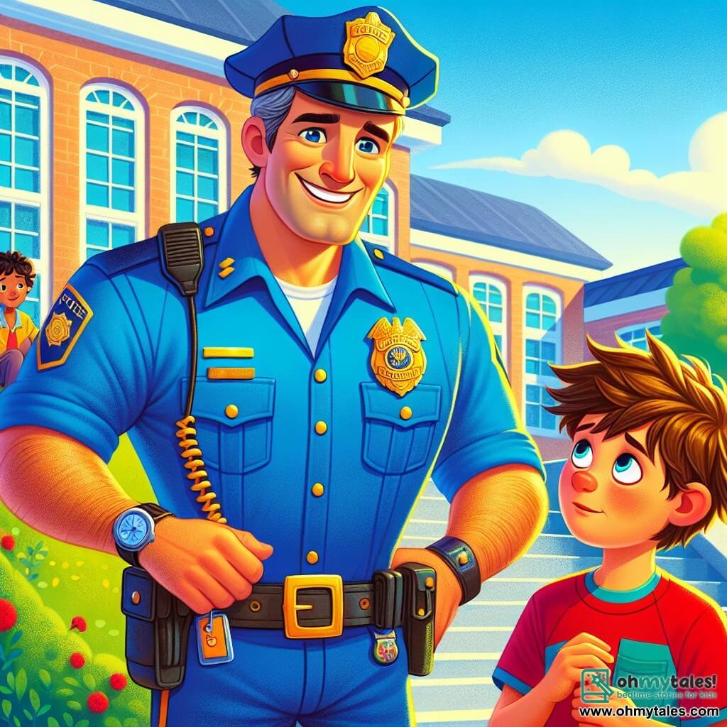 A male police officer named Officer Ben stands with a warm smile on his face. He wears a bright blue uniform, a utility belt, and a shiny badge that glimmers in the sunlight. His eyes are filled with determination as he looks around to solve the mystery of the stolen bike. Next to him, Sammy, an 8-year-old boy with messy brown hair, sits on the school steps with a sad look and slightly wet eyes, wearing a red t-shirt and blue shorts while holding a small toy. Beside him, Mia, a 7-year-old girl with blonde pigtails, comforts him by holding his hand. She wears a colorful floral dress and looks worried. The scene takes place in front of a colorful elementary school with yellow walls and blue windows, surrounded by lush trees and a large red slide in the background. Officer Ben is explaining to Sammy and Mia how he will help them find the missing red bike, while Sammy looks hopeful and Mia listens attentively, ready to help.