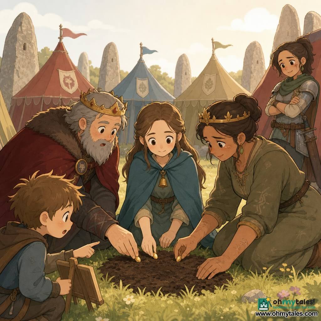 Lyra, a young woman (~20) with a gentle face and determined gaze, kneels and serenely plants three small glowing seeds in dark soil; her teal-green cloak falls in simple folds and a small bronze bell hangs at her neck. To her right the King of the North (~55), with a graying beard and surprised eyes, reaches to place a seed, wearing a thick dark-red cloak with a discreet crest. To her left the Queen of the South (~45), tanned with callused hands, watches emotionally in a practical khaki dress and simple crown. In the foreground a seven-year-old boy with tangled hair watches in wonder, holding a small wooden easel and pointing at the seeds. In the background a thirty-year-old scout woman with a thin cheek scar leans against a tent in light armor with a softened expression. The setting is a grassy clearing between two lines of gray menhirs with colorful tents (red, blue, khaki) in a semicircle and fluttering flags; the ground is scattered with small stones and wild grasses. The scene conveys nascent peace: leaders’ and a villager’s hands united around a small patch of earth in golden morning light, warm atmosphere, calm gestures and emerging smiles. Visual style: rounded simple lines, warm pastel colors, soft shadows, minimal textures, readable welcoming expressions.