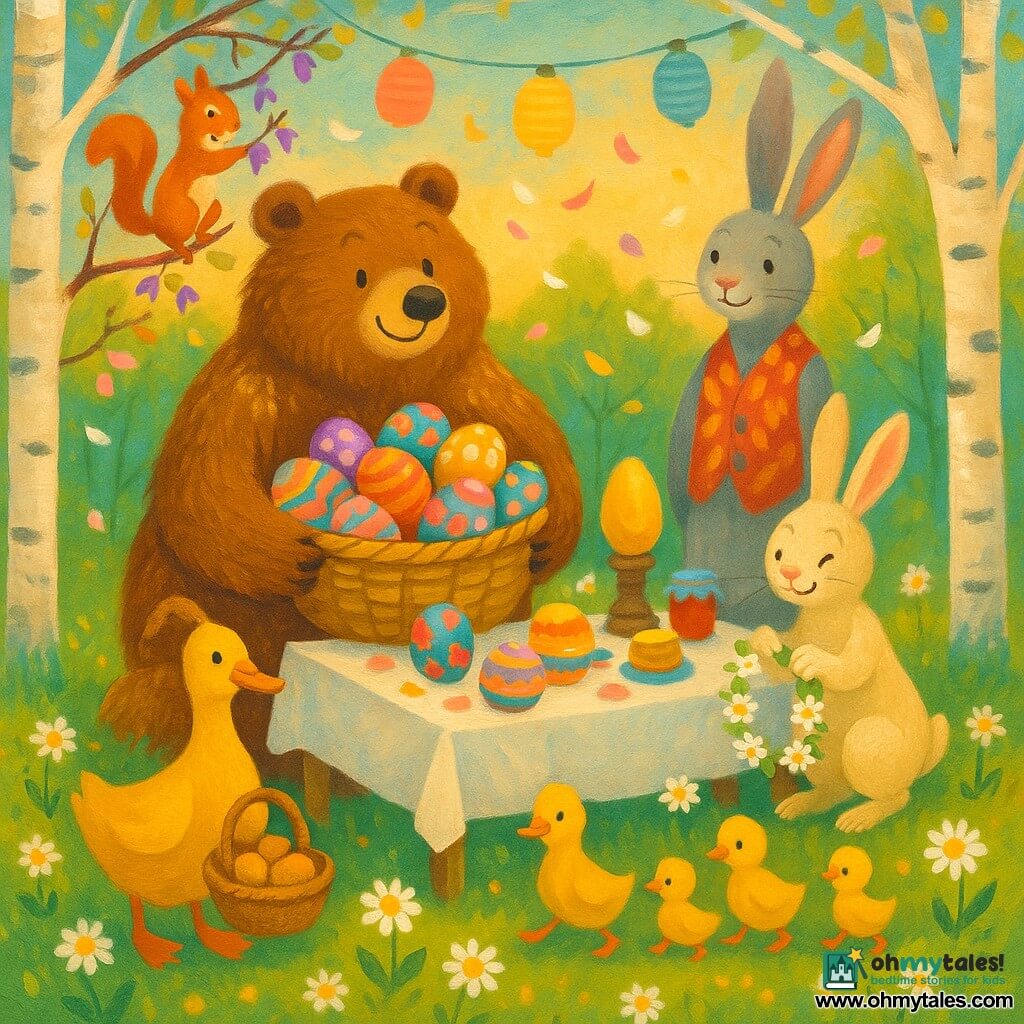 Bramble, a large fluffy brown bear with a round snout, looks gentle and reassured, smiling slightly while holding a basket of painted eggs; Lark, a small lively cream rabbit with long ears, is cheerful and braiding a daisy garland to the right of the table; Tansy, a red squirrel with mischievous eyes, is focused and hanging painted petals from branches to the left; Puddle, a yellow duck followed by ducklings, marches proudly carrying a basket of cookies near the table leg; the Easter Bunny, a tall gray rabbit in a petal vest, stands behind the table smiling proudly; the setting is a spring clearing bordered by white birches, green grass sprinkled with daisies and soft late-afternoon light with petals floating; a long light-wood table with a white cloth is scattered with colorful eggs, jam pots, cookies and a large golden chocolate egg at the center, pastel lanterns float above, overall a joyful collaborative Easter feast in bright colors with visible acrylic-like textures and a warm, balanced composition.