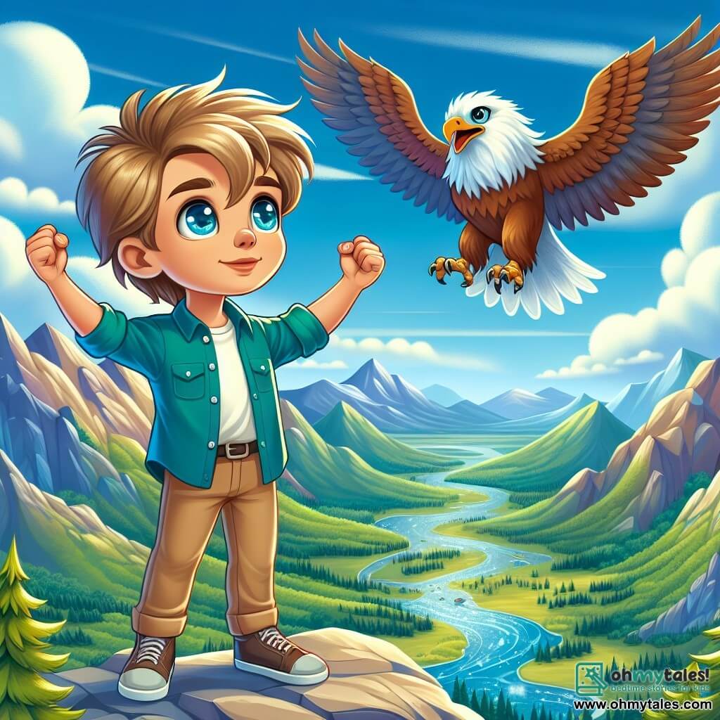 A 12-year-old boy with messy blonde hair and sparkling curious eyes stands atop a mountain. He wears a blue shirt and beige pants, his face expressing deep wonder as he gazes at the vast and beautiful landscape before him. Beside him, a majestic eagle with golden feathers and sharp eyes soars in the sky, symbolizing wisdom and seemingly encouraging the boy with its wings spread wide. In the background, a breathtaking panorama unfolds: green valleys, sparkling rivers, and lush forests stretch as far as the eye can see under a blue sky dotted with fluffy white clouds. The main scene shows the boy with his arms raised in triumph, celebrating his discovery of the meaning of happiness, while the wind tousles his hair and sunlight illuminates his radiant face.