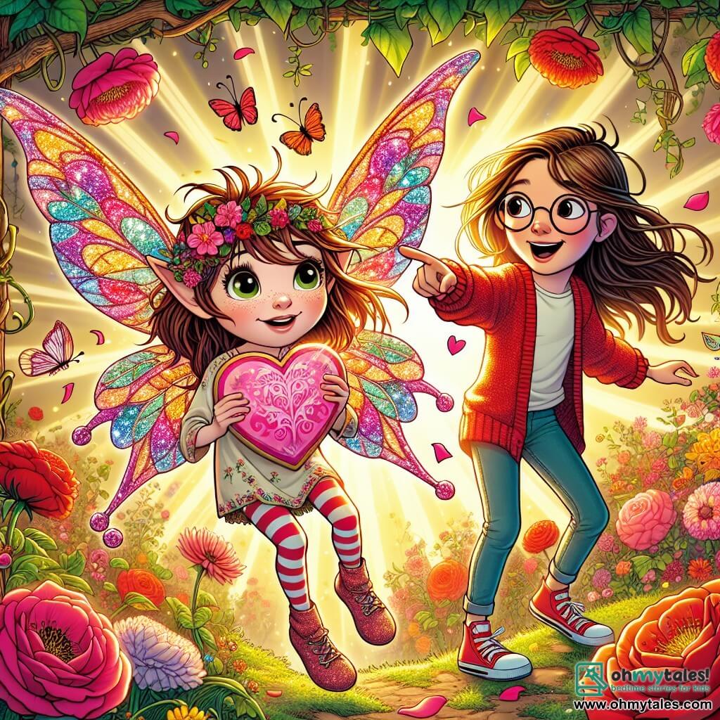 A small fairy-like character named Pip, with shiny colorful wings, is holding a pink heart-shaped letter, showing an expression of excitement and curiosity on his face. Pip has messy hair and wears a light fabric tunic adorned with floral patterns. Next to Pip, a young girl named Emily, with long brown hair and round glasses, smiles joyfully. She is wearing a red sweater and jeans, pointing in a direction as if guiding Pip toward their next adventure. The scene takes place in the Secret Garden, an enchanting place filled with vibrant flowers, red roses, and climbing ivy. Sun rays filter through the leaves, creating dancing shadows on the ground. Pip and Emily are discovering the mysterious letter, surrounded by colorful flowers and fluttering butterflies, while a gentle breeze makes the petals dance.