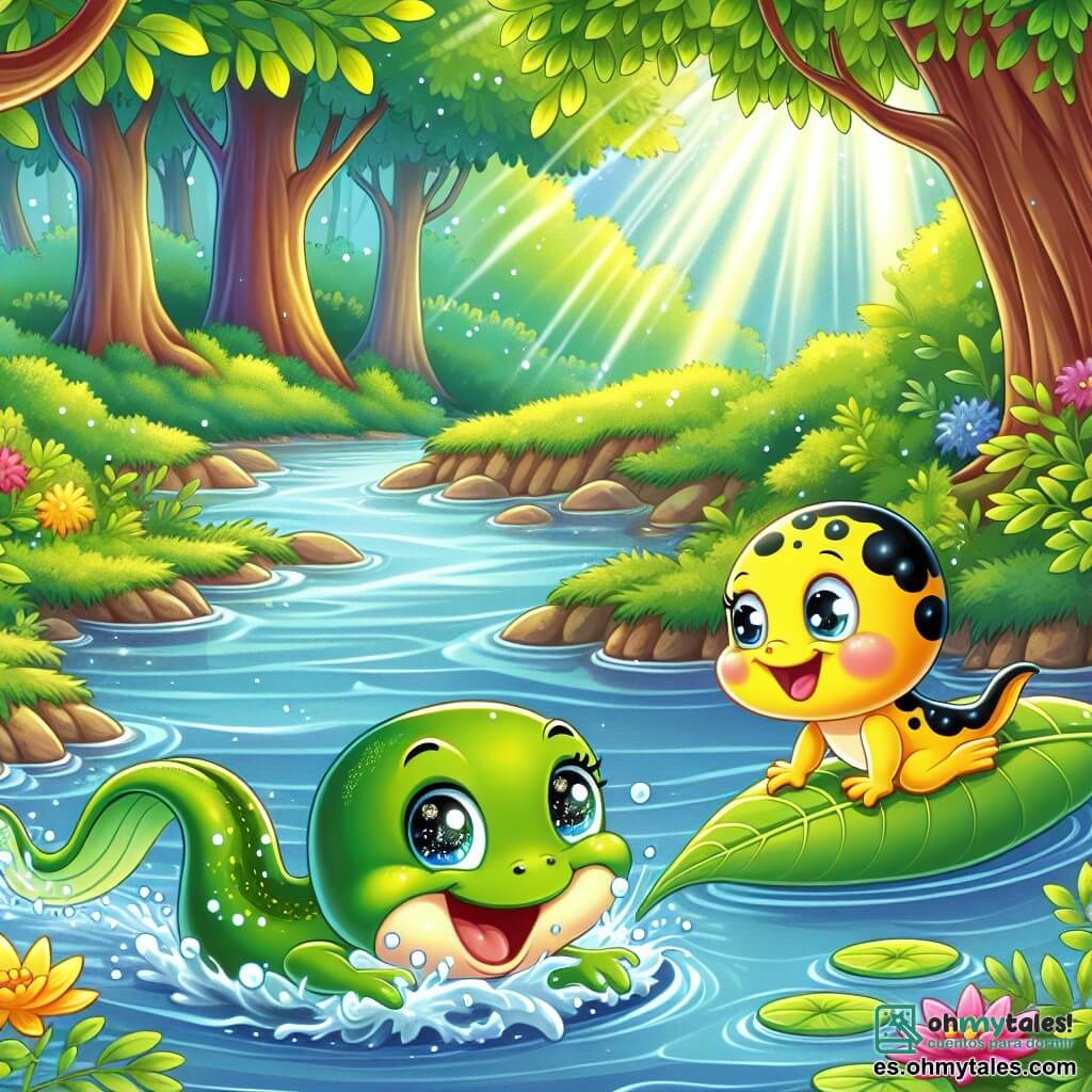 Un pequeño renacuajo con una piel verde brillante y ojos chispeantes de curiosidad nada alegremente en un arroyo soleado, su cola ondulando detrás de él, mientras sonríe con determinación. A su lado, un renacuajo amigable, de color amarillo brillante con manchas negras, lo anima con una gran sonrisa, flotando sobre una hoja, listo para ayudarlo. En el fondo, el arroyo serpentea a través de un bosque exuberante, con árboles de hojas brillantes y flores coloridas que bordean las orillas. La escena muestra el momento en que el pequeño renacuajo supera un obstáculo, dirigiéndose hacia una rama flotante, listo para mostrar sus talentos de nadador.
