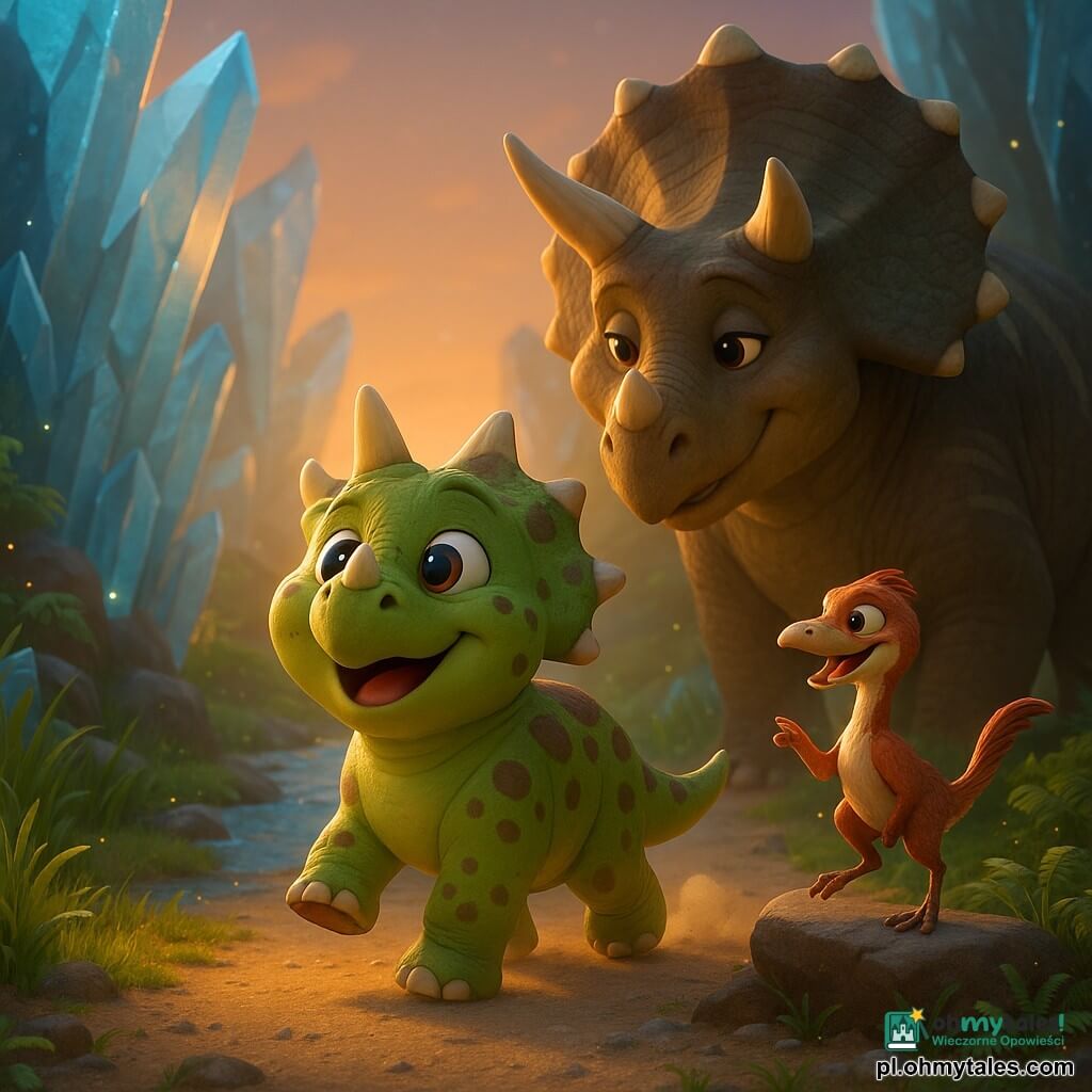 Młody triceratops o imieniu Tricert, lśniący i pulchny, o zielonej skórze z brązowymi plamami, z trzema krótkimi rogami i dużymi, wilgotnymi oczami, idzie dumnie z podniesioną głową, wzbijając obłoczek kurzu pod łapami; obok na niskim kamieniu stoi Pip, szczupły i zwinny compy pokryty rdzawymi i białymi piórami, uśmiechnięty i z jedną łapą uniesioną jak wskazujący drogę; kilka kroków za nim matka triceratops, większa i opiekuńcza, o ciemniejszej skórze ze jaśniejszymi pręgami i ciepłym spojrzeniem, pochyla kołnierz ku synowi; sceneria to kryształowa dolina o zmierzchu z przezroczystymi niebieskawymi kryształami, błyszczącą rzeką, wysokimi zielonymi trawami i paprociami oraz drobnymi iskierkami światła, a główną scenę stanowi emocjonalne spotkanie młodego triceratopsa z jego stadem nad rzeką przy złotym świetle zachodzącego słońca, w łagodnej i bezpiecznej atmosferze z kompozycją akcentującą głębię i postacie na pierwszym planie.