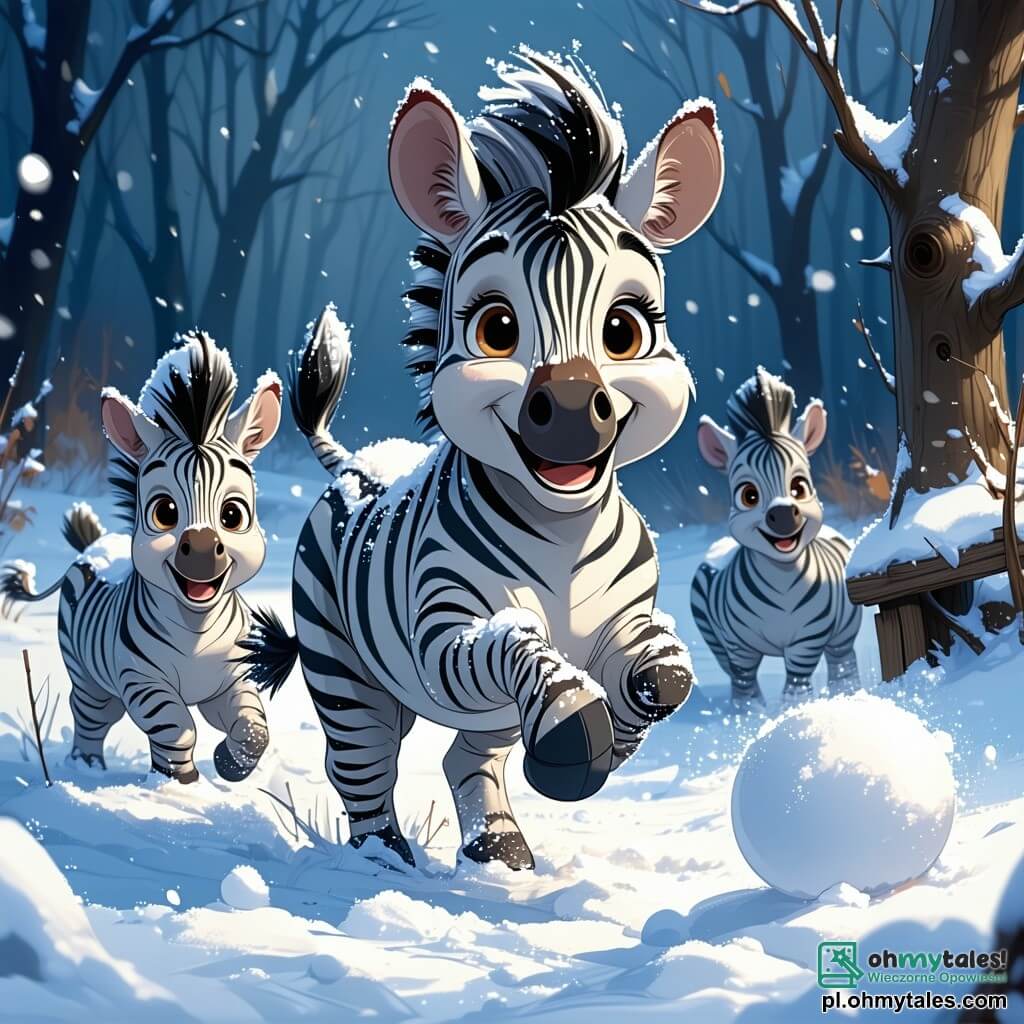 Mały, radosny zebra o imieniu Zazu, z szarym futrem pokrytym białymi plamami, skacze w lśniący śnieg, jego duże oczy błyszczą szczęściem. Szeroko się uśmiecha, a jego długie uszy powiewają za nim, gdy zamierza rzucić kulą śnieżną. W pobliżu jego rodzeństwo, zebry o podobnych wzorach, śmieje się i bawi, ich twarze promienieją radością. Jedna z nich, mała zebra z czerwoną kokardą na głowie, zamierza złapać kulę śnieżną rzuconą przez Zazu, podczas gdy inny, nieco większy zebra, przygotowuje się do obrony z kulą śnieżną w łapach. Scena rozgrywa się w zaczarowanej polanie, otoczonej dużymi, ośnieżonymi jodłami, z delikatnie opadającymi płatkami śniegu z jasnoniebieskiego nieba. Ziemia pokryta jest grubą warstwą lśniącego śniegu, a ślady kopyt zebry wiją się przez krajobraz. Zazu i jego przyjaciele biorą udział w bitwie na kule śnieżne, pełnej śmiechu i radości, tworząc festywną i ciepłą atmosferę w sercu zimy.