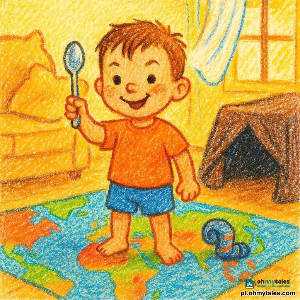 Um menino de 2 anos, sorriso malicioso e olhos brilhantes, cabelo castanho curto, brinca em pé sobre um tapete transformado num grande planisfério colorido, brandindo uma colher brilhante como pequena espada; uma meia enrolada, parecida com um pequeno caracol cinzento-azulado com riscas laranja, junto ao pé; ao fundo à esquerda um sofá alto com almofadas empilhadas em picos; à frente à direita uma mesa de centro aberta como caverna escura com uma manta pendente; uma janela aberta deixa entrar uma cortina branca leve que dança com raios de sol dourados iluminando a cena; atmosfera acolhedora, cores vivas e contrastantes (amarelo, vermelho, azul), traço de lápis visível, estilo ingênuo e alegre, composição centrada na criança aventureira.