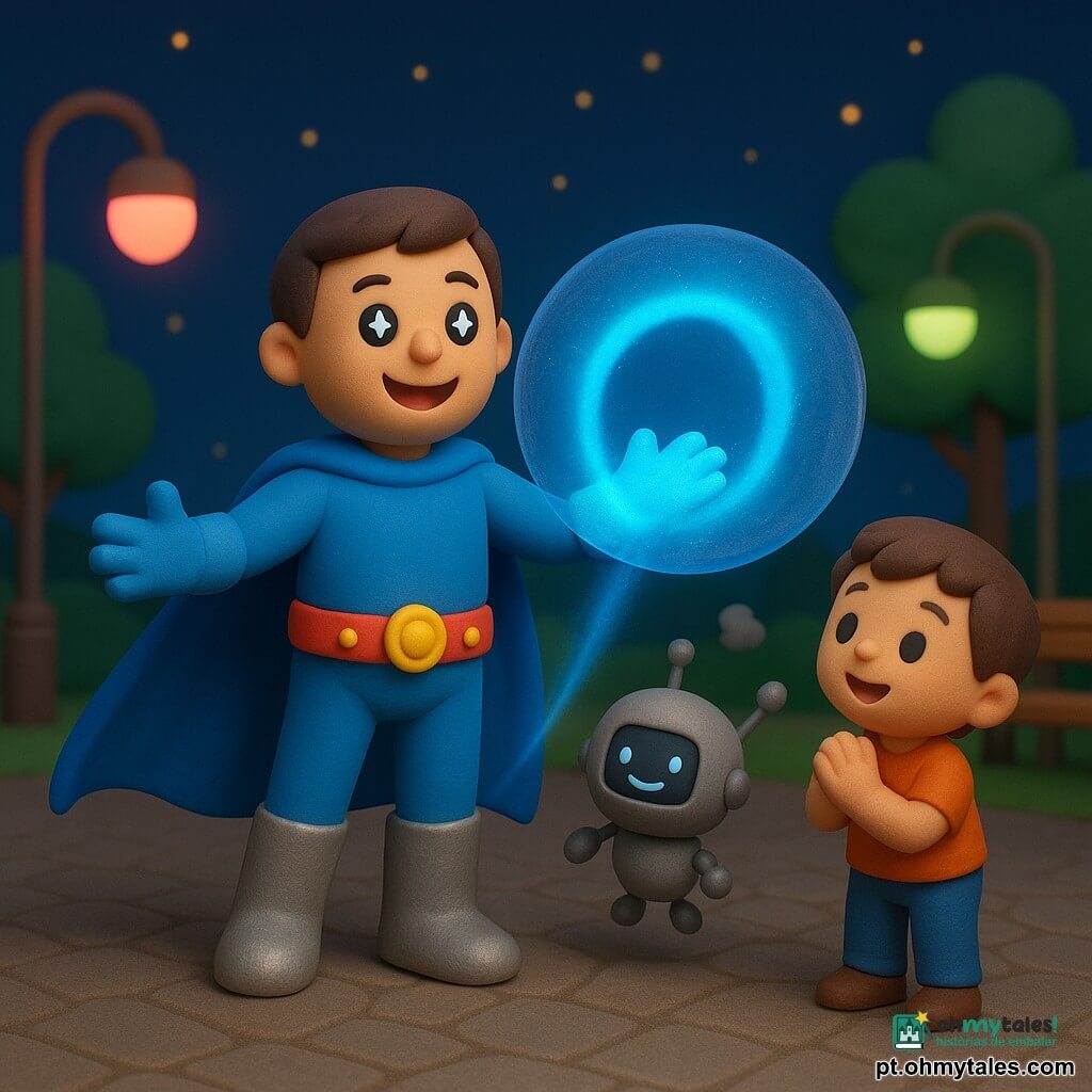 Um homem — o herói Capitão Prisma — com grande capa azul, botas prateadas e cinto com botões luminosos, sorri confiante com olhos que brilham como estrelas enquanto estende os braços e cria um túnel de luz azul vivo que captura uma grande bolha transparente; ao lado flutua um robô chamado Tico-Tac, corpo metálico mate, pequenas antenas e visor digital sorridente; um menino de cerca de 5 anos, cabelos curtos castanhos, olha maravilhado e aplaude em um passeio em frente; a cena ocorre numa pequena praça noturna com paralelepípedos, postes que projetam halos rosa e verde e bancos, mostrando o herói trazendo suavemente a bolha ao chão, com o robô e a criança por perto em clima caloroso e seguro.