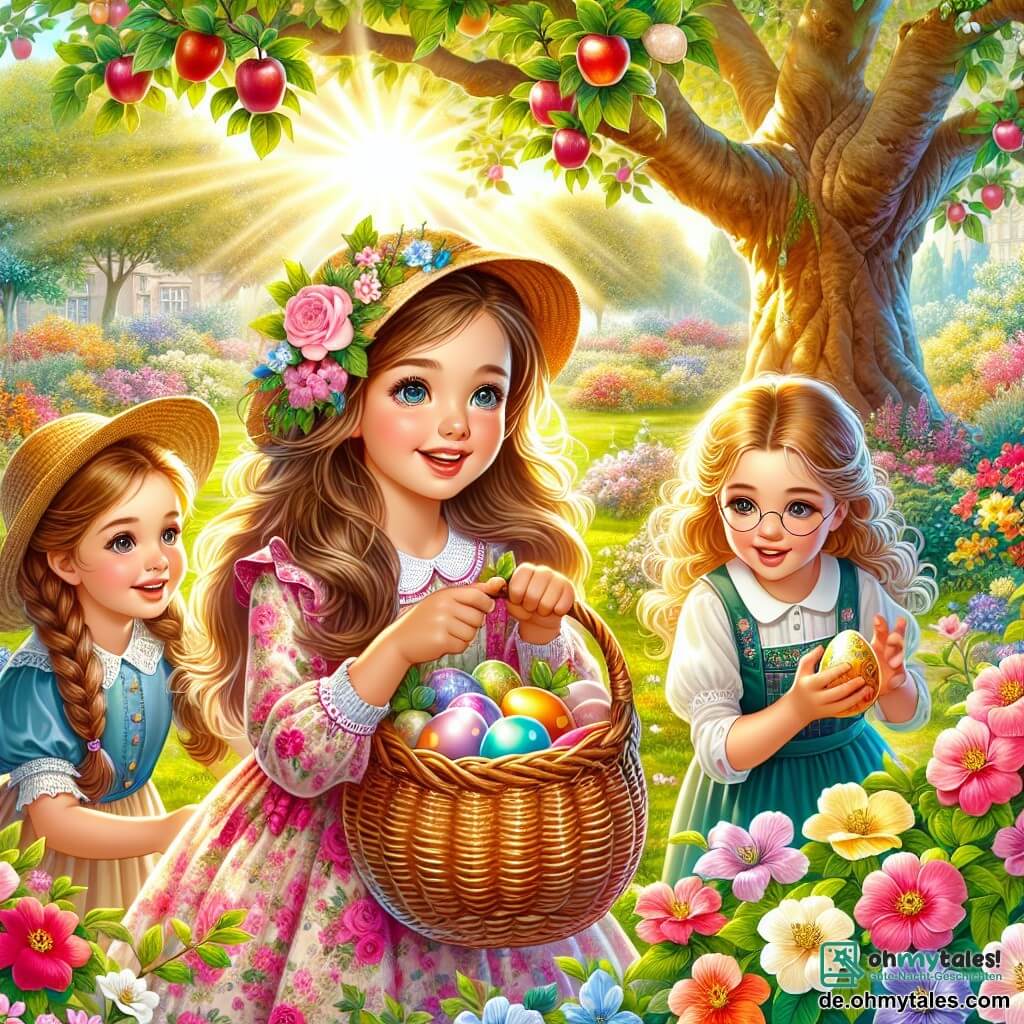 In einem sonnigen Garten sind drei Mädchen zu einer Ostereiersuche versammelt. Mia, ein 8-jähriges Mädchen mit langen braunen Haaren und funkelnden Augen, trägt ein rosa Blumenkleid und hält einen Korb aus Weide. Sie steht in der Mitte, lächelnd und voller Begeisterung. Rechts von ihr ist Emma, ein 7-jähriges Mädchen mit geflochtenen blonden Haaren und runden Brillen, die eine blaue Bluse trägt und aufmerksam den Boden nach Eiern absucht. Links kniet Sophie, ein 9-jähriges Mädchen mit lockigem kastanienbraunem Haar und einem Strohhut, die eine bunte Blume untersucht und bereit ist, ihre Entdeckung zu teilen. Der Garten ist voller leuchtender Blumen in allen Farben, großen grünen Bäumen und einem majestätischen alten Apfelbaum in der Mitte, dessen Äste mit glänzenden Früchten beladen sind. Sonnenstrahlen filtern durch die Blätter und schaffen eine magische Atmosphäre. Die Mädchen suchen mit freudigen und aufgeregten Gesichtsausdrücken nach magischen Ostereiern, während ein sanfter Wind die Blumen um sie herum tanzen lässt.