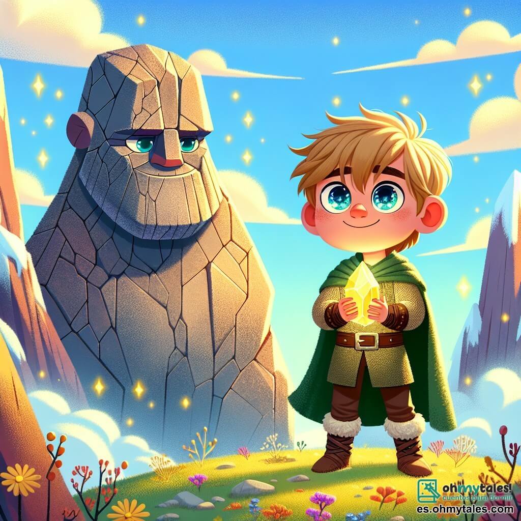 El personaje principal, Leif, es un niño de unos 10 años, con cabello rubio desordenado y ojos llenos de curiosidad. Lleva una túnica verde y pantalones de cuero, y se encuentra valientemente frente a una enorme piedra mágica que brilla con luz dorada, su rostro expresa determinación y asombro. A su lado hay un gran titán, con apariencia de un gigante benevolente, piel de piedra y ojos suaves, ahora reducido a un tamaño amigable. El paisaje se sitúa en la cima de una majestuosa montaña, rodeada de nubes y cumbres nevadas, con flores coloridas y piedras brillantes en el suelo, y un cielo azul radiante. La escena muestra a Leif sosteniendo la piedra mágica, listo para convencer al titán de permanecer dormido, mientras el gigante, conmovido por las palabras del niño, comienza a transformarse en un amigo benevolente, simbolizando la victoria de la bondad sobre el miedo.