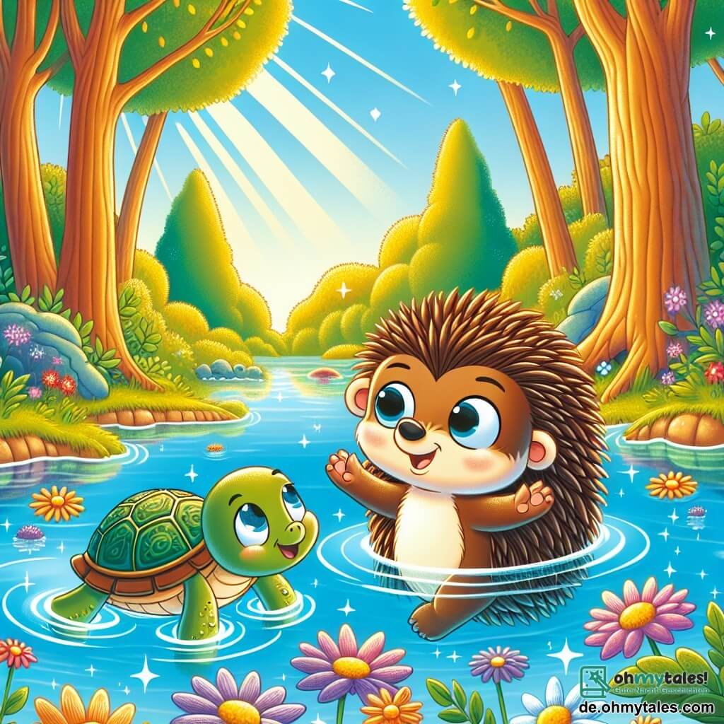 Ein kleiner Igel namens Emil mit braunem Fell und weichen Stacheln drückt große Freude und Stolz aus, während er in einem glitzernden Teich schwimmt. Neben ihm versucht eine kleine Schildkröte namens Tilly mit ihrem grünen Panzer und ihren strahlenden Augen zu schwimmen, umgeben von bunten Blumen, die an der Wasseroberfläche treiben. Im Hintergrund stehen majestätische Bäume mit goldenen Blättern unter einem hellblauen Himmel, während Sonnenstrahlen durch die Äste scheinen. Die Szene zeigt Emil, der Tilly ermutigt, die gerade entdeckt hat, dass sie schwimmen kann, und so einen magischen Moment der Freundschaft und Entdeckung schafft.