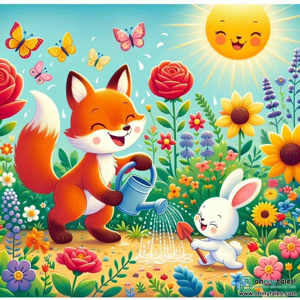 A little fox named Felix, with bright orange fur and a bushy tail, is cheerful and smiling, watering colorful flowers with a small splash of water around him. Next to him, an adorable rabbit named Benny, with white fur and large ears, is enthusiastic, hopping in place while holding a small shovel, ready to plant seeds. The scene takes place in a sunny garden filled with vibrant flowers: red roses, yellow sunflowers, and blue violets, with butterflies fluttering around. The sky is a bright blue, dotted with fluffy white clouds. Felix and Benny are having fun taking care of the plants, filled with excitement and happiness, celebrating the arrival of spring in their magical garden.