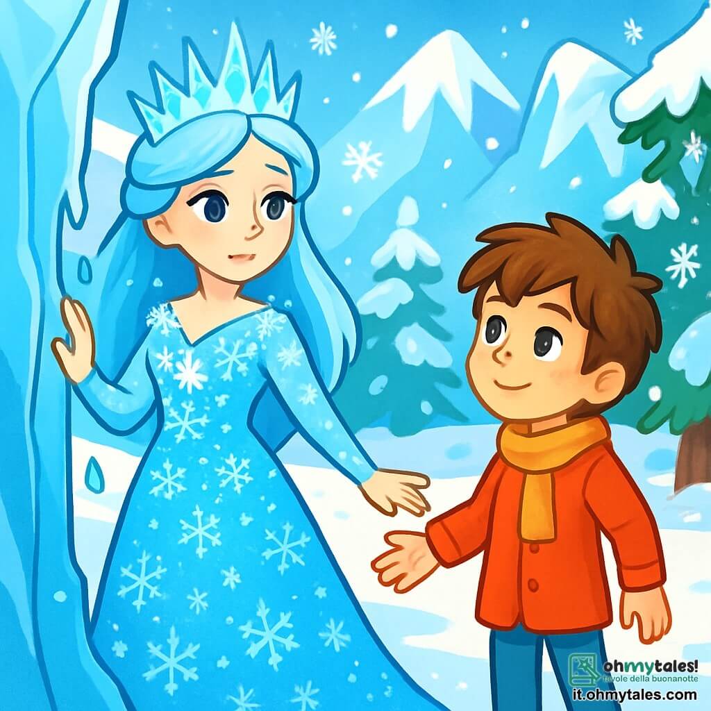 La Regina delle Nevi, una donna maestosa di bellezza eterea, indossa un abito scintillante fatto di fiocchi di neve e cristalli di ghiaccio. Il suo viso è dolce e malinconico, con occhi azzurri che brillano di una luce di speranza. Si trova al centro di un prato innevato, tendendo la mano verso un muro di ghiaccio che inizia a sciogliersi, simboleggiando il suo desiderio di libertà. Accanto a lei, Kai, un ragazzo di circa 10 anni, ha i capelli castani in disordine e occhi scintillanti di determinazione. Indossa un mantello rosso vivo che contrasta con il bianco splendente della neve. Guarda la Regina con ammirazione, pronto ad aiutarla a rompere i muri di ghiaccio. Il luogo è un prato magico, circondato da maestose montagne scintillanti sotto un cielo azzurro. Fiocchi di neve cadono dolcemente, creando un'atmosfera incantata. Gli alberi sono coperti di brina e cristalli di ghiaccio pendono dai rami, riflettendo la luce del sole. La situazione principale mostra la Regina delle Nevi e Kai uniti in un momento di determinazione, mentre si sforzano di rompere i muri di ghiaccio che li separano dagli altri abitanti del regno, simboleggiando la speranza e la forza dell'amicizia.