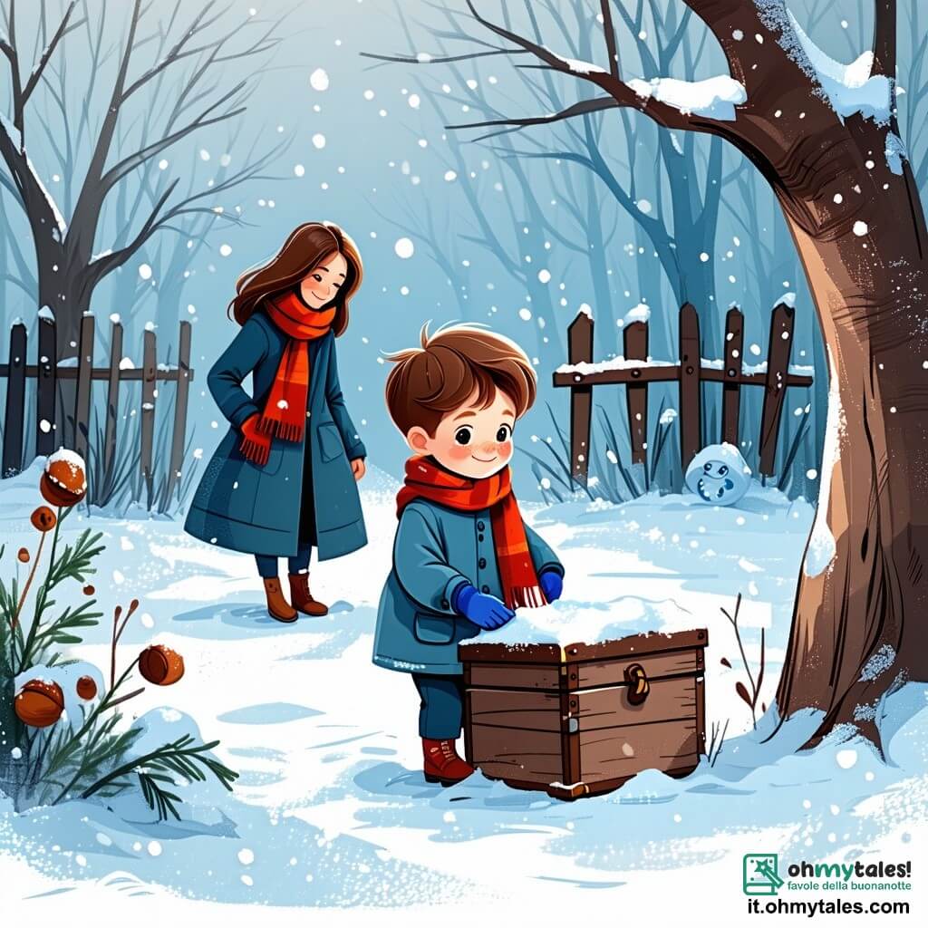 Un ragazzo di 7 anni, di nome Marco, con capelli castani e occhi pieni di curiosità, è in piedi in un giardino innevato. Indossa una sciarpa rossa e guanti blu, il suo viso brilla di gioia mentre scopre una vecchia scatola di legno sepolta sotto la neve. Accanto a lui, sua madre, una donna di circa 30 anni con lunghi capelli castani e un sorriso caloroso, si avvicina con meraviglia, osservando la scoperta del figlio. Indossa un cappotto blu e tiene in mano una tazza di cioccolata calda. Il giardino è riempito da fiocchi di neve che cadono dolcemente, circondato da alti alberi con rami carichi di neve, creando un'atmosfera magica e tranquilla. La scena principale mostra Marco mentre apre la scatola di legno, rivelando una piccola campanella d'argento che brilla di una luce morbida, mentre stelle scintillano nel cielo notturno, aggiungendo magia a questo momento di scoperta.