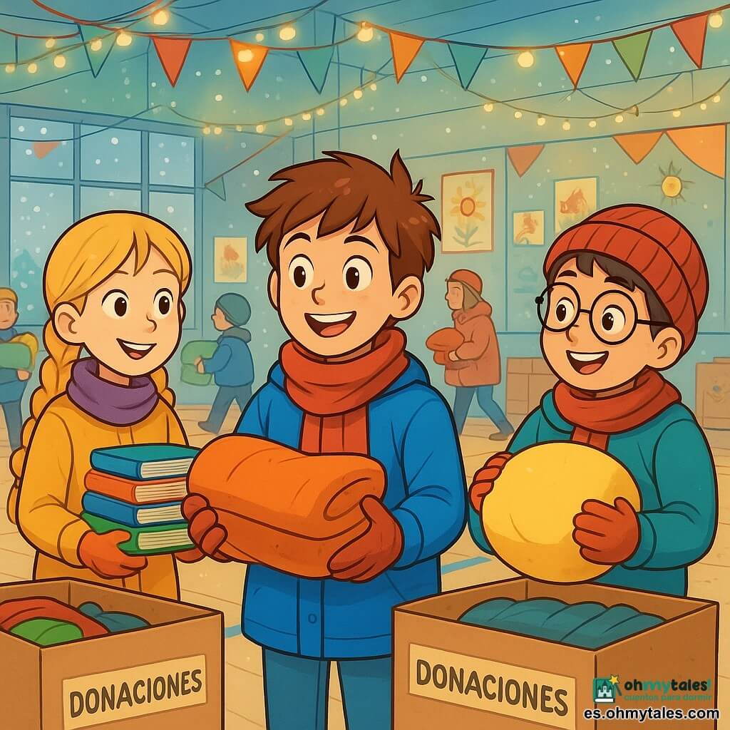 Un niño de 12 años, Aarón, se encuentra en el centro de la imagen, con el cabello castaño desordenado y ojos llenos de curiosidad. Lleva un abrigo azul brillante, una bufanda roja y guantes de lana, su rostro irradia orgullo y emoción mientras organiza donaciones de mantas. A su lado, una niña de 11 años, Lina, con trenzas rubias y una cálida sonrisa, sostiene una pila de libros coloridos, lista para colocarlos en una mesa. Un niño de 12 años, Jorge, con gafas redondas y un gorro de lana, infla un cojín con entusiasmo, un poco apartado, pero observando con admiración. El lugar es un gimnasio decorado con guirnaldas luminosas y telas coloridas, con paredes cubiertas de dibujos infantiles. Cajas de donaciones están dispuestas alrededor, y niños y adultos entran, trayendo mantas y ropa de abrigo. La escena principal muestra a Aarón y sus amigos en acción, creando un ambiente lúdico y acogedor para recibir a los visitantes, mientras la nieve cae suavemente afuera, añadiendo un toque mágico a este día de solidaridad.